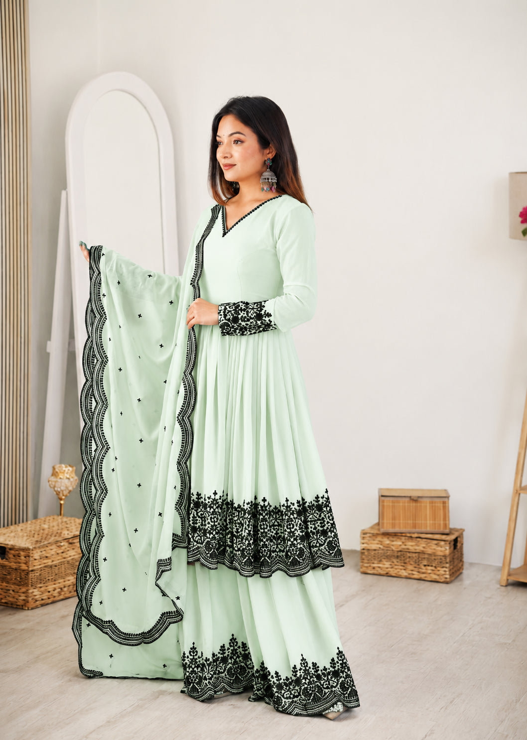 Womenline Women's Mint Green Embroidered Sharara Set with Dupatta