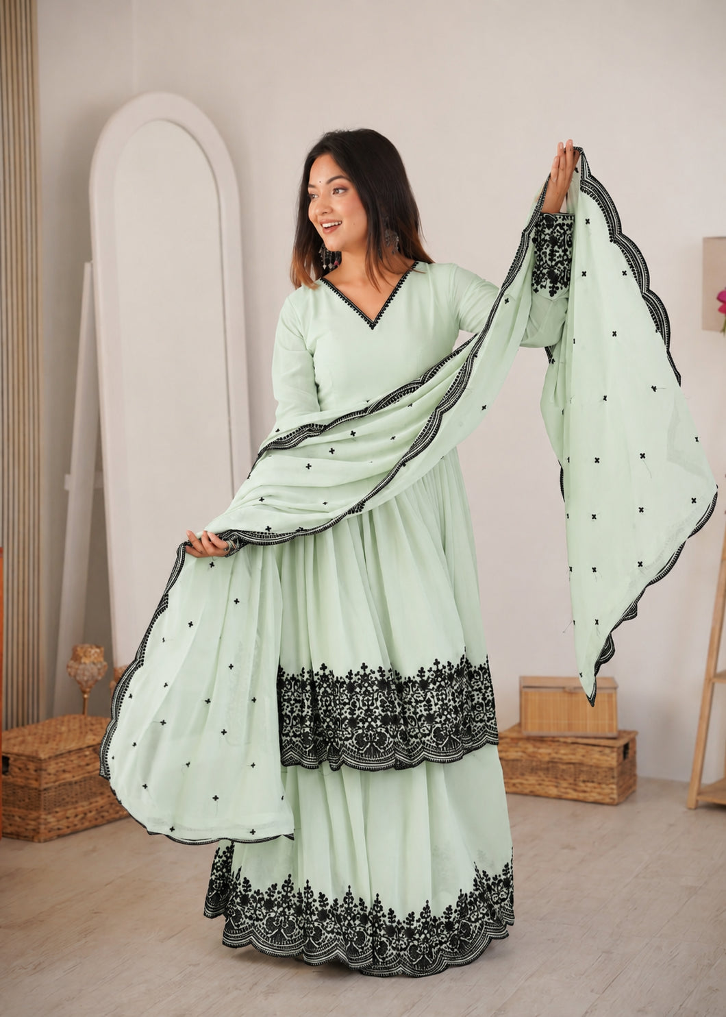 Womenline Women's Mint Green Embroidered Sharara Set with Dupatta