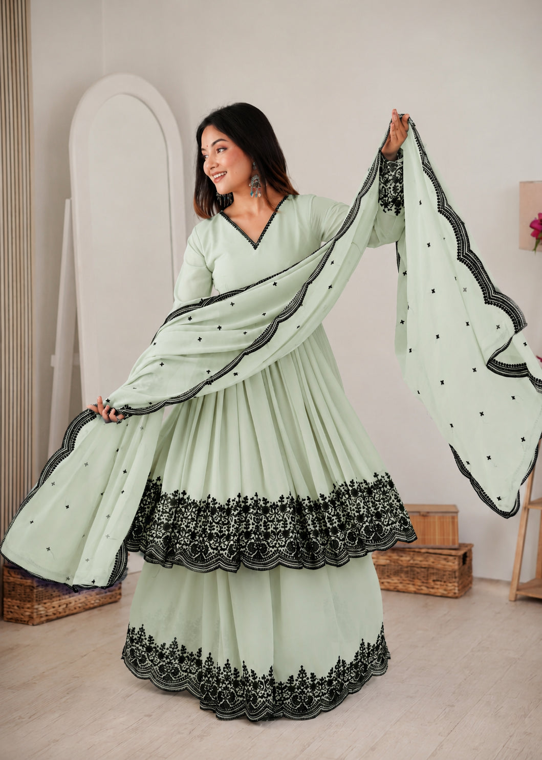 Womenline Women's Mint Green Embroidered Sharara Set with Dupatta
