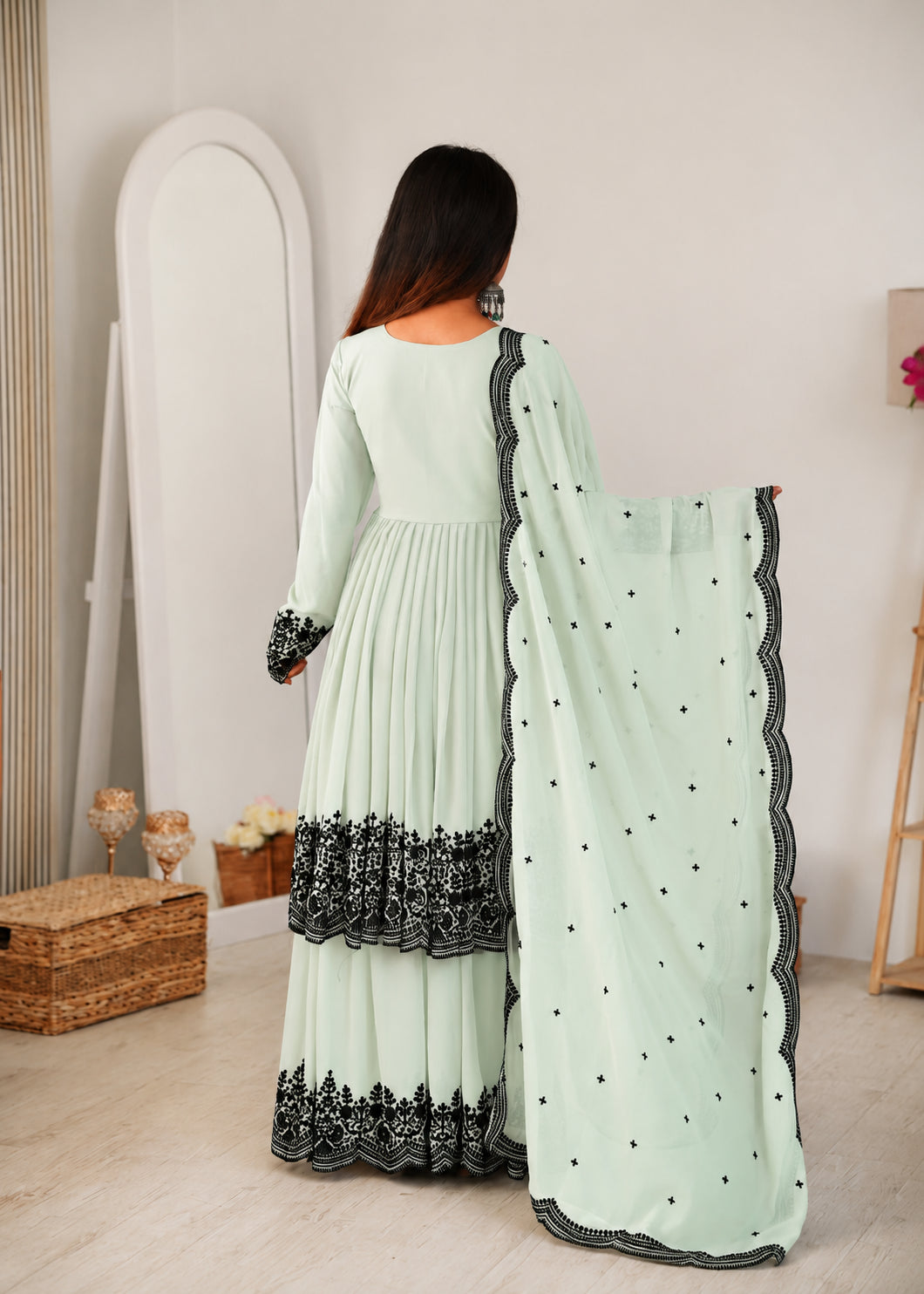 Womenline Women's Mint Green Embroidered Sharara Set with Dupatta