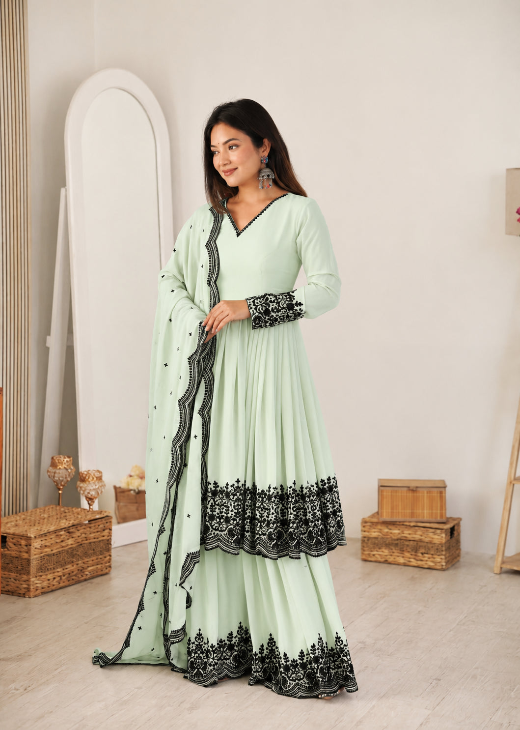 Womenline Women's Mint Green Embroidered Sharara Set with Dupatta