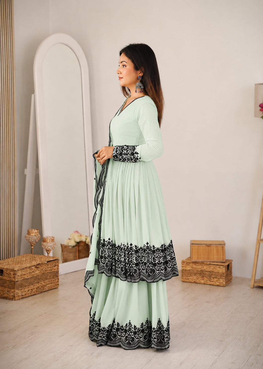 Womenline Women's Mint Green Embroidered Sharara Set with Dupatta
