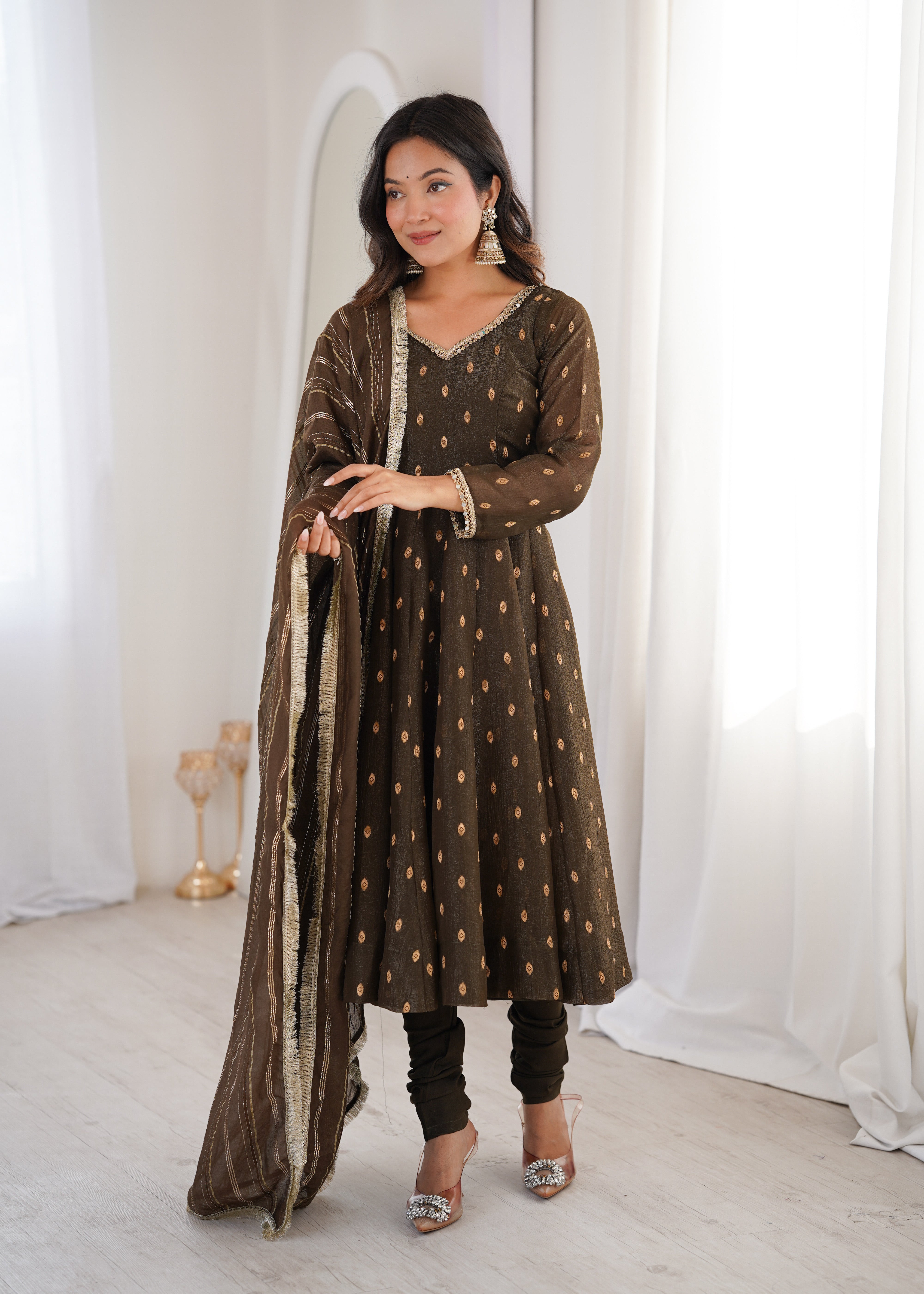 Womenline Elegant Chocolate Brown Printed Anarkali Suit Set with Dupatta