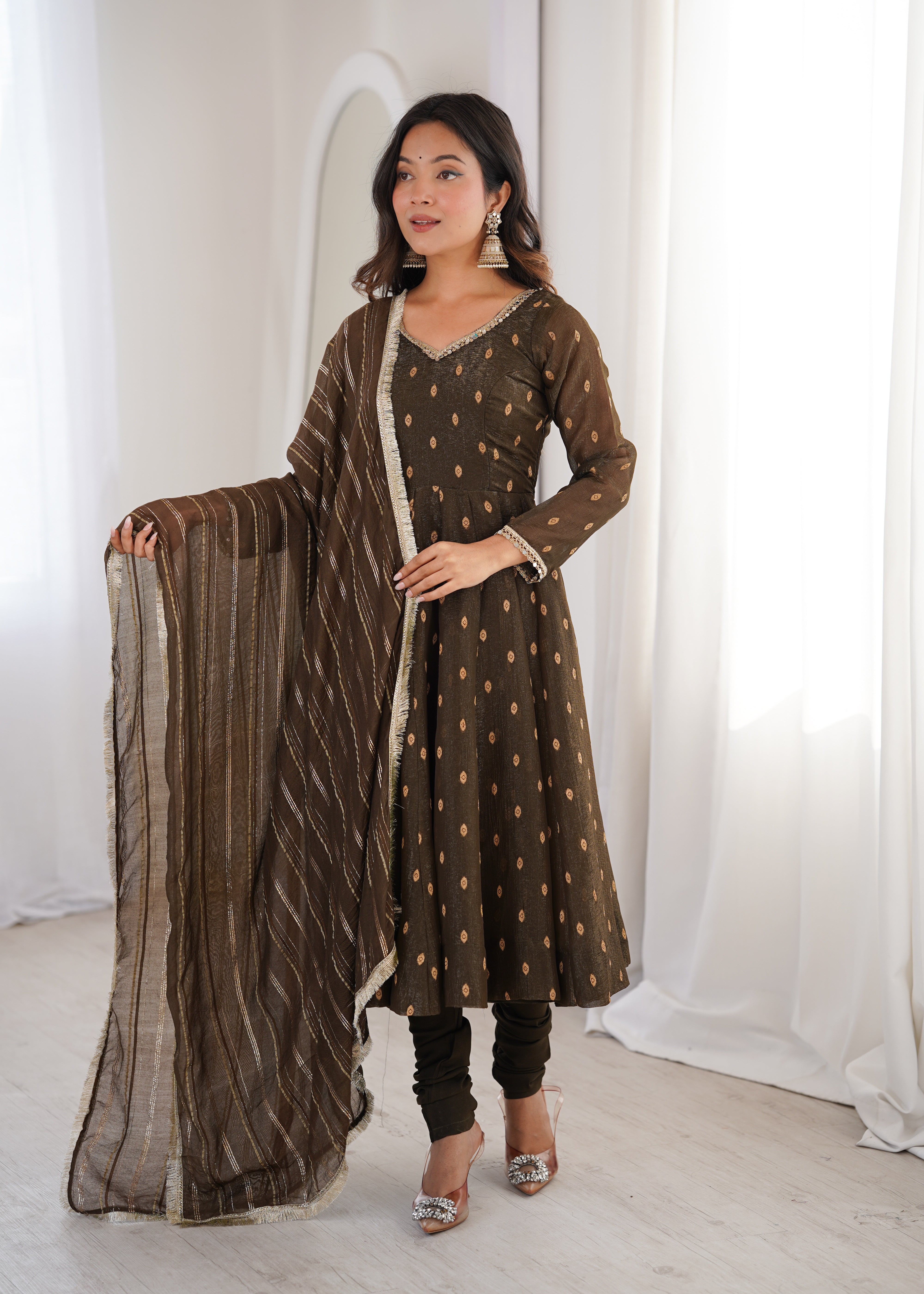 Womenline Elegant Chocolate Brown Printed Anarkali Suit Set with Dupatta