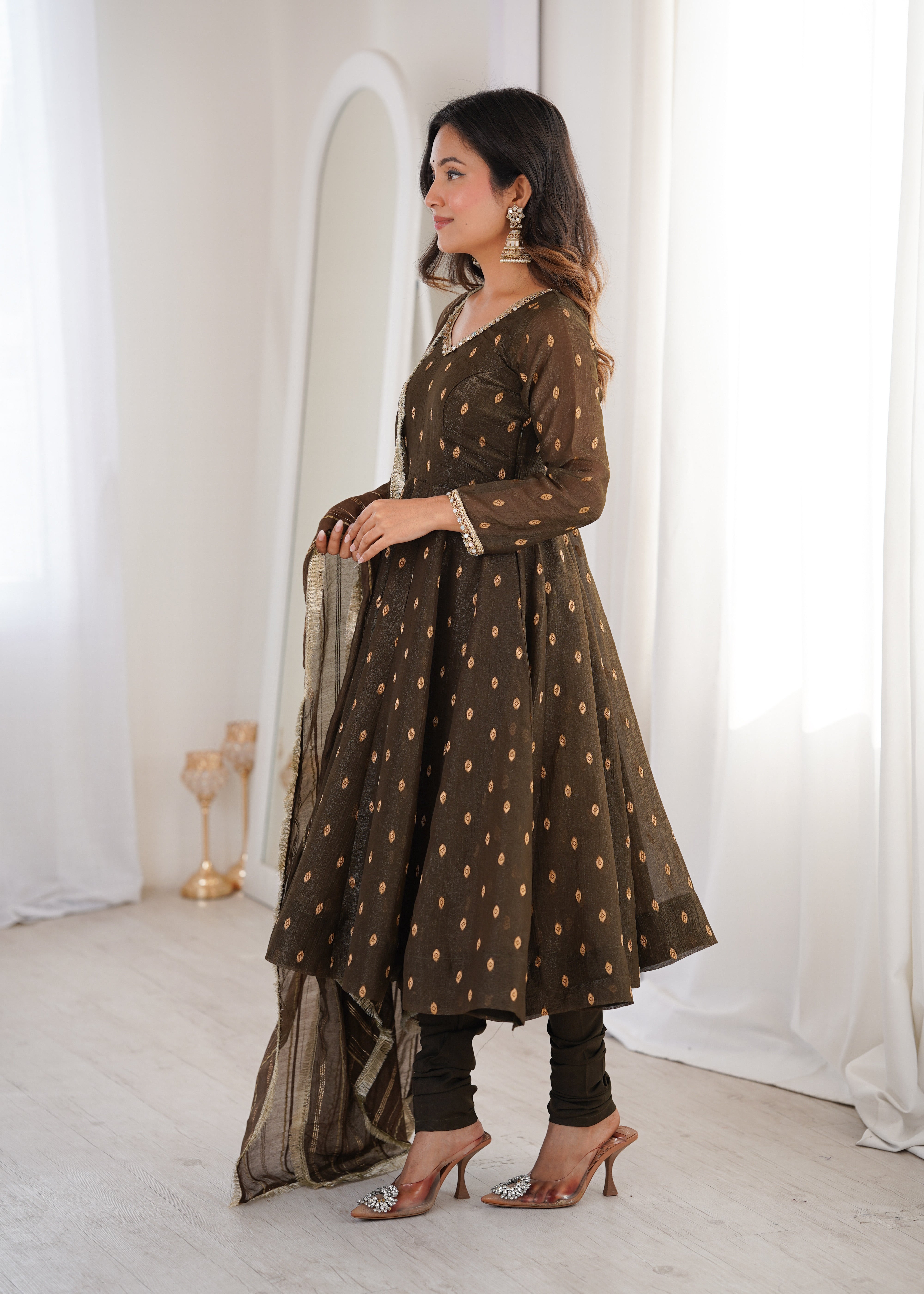 Womenline Elegant Chocolate Brown Printed Anarkali Suit Set with Dupatta