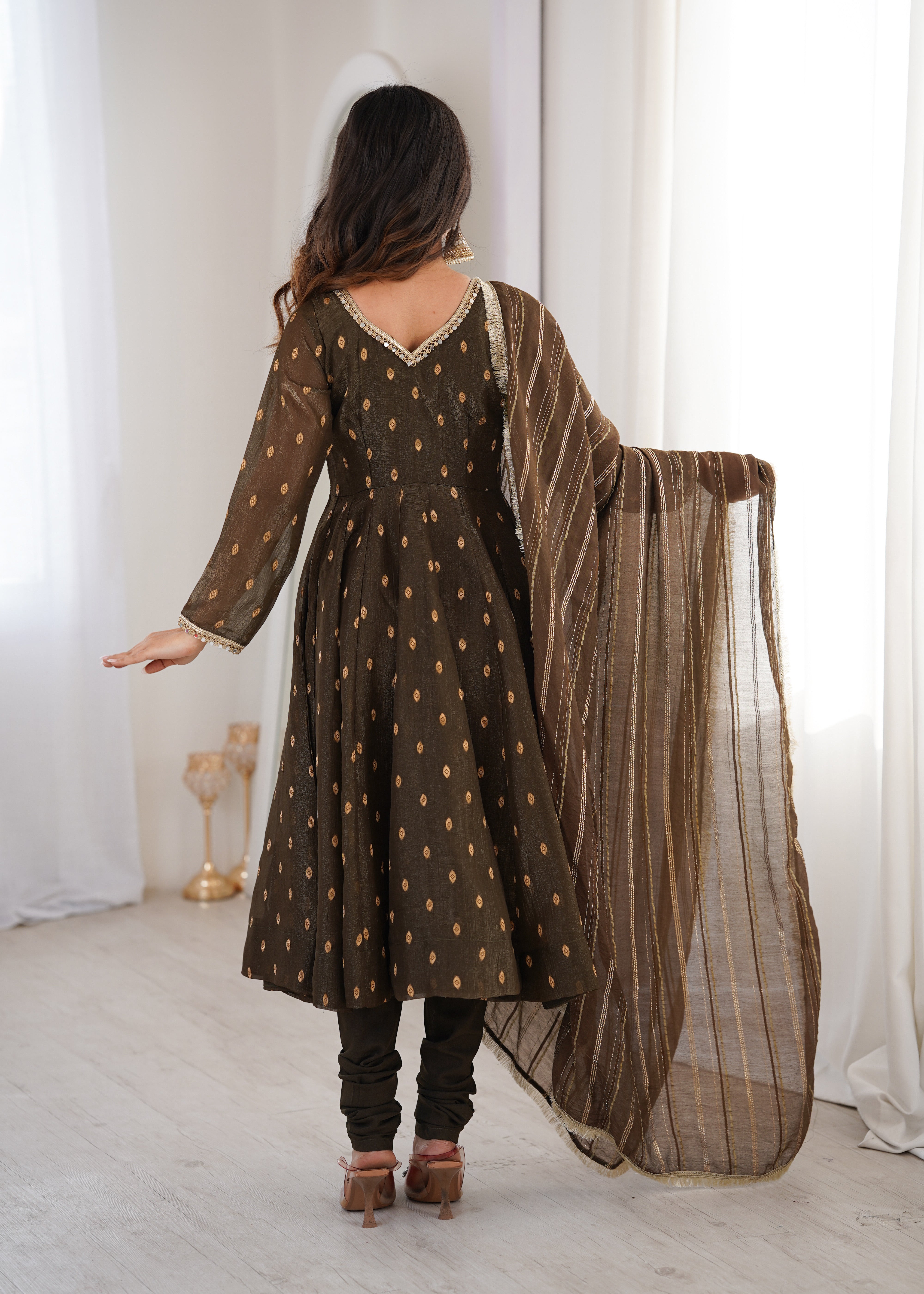 Womenline Elegant Chocolate Brown Printed Anarkali Suit Set with Dupatta