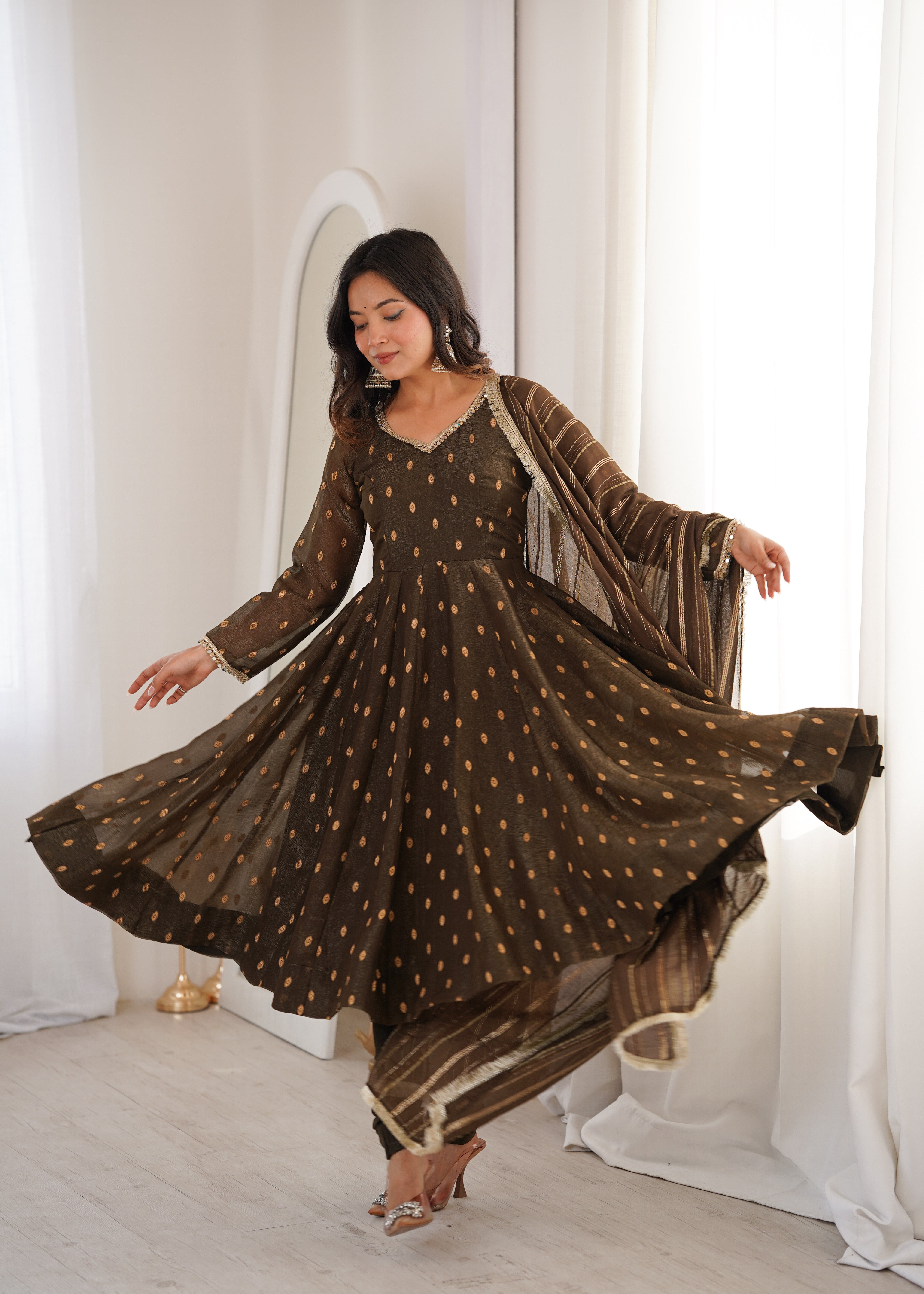 Womenline Elegant Chocolate Brown Printed Anarkali Suit Set with Dupatta