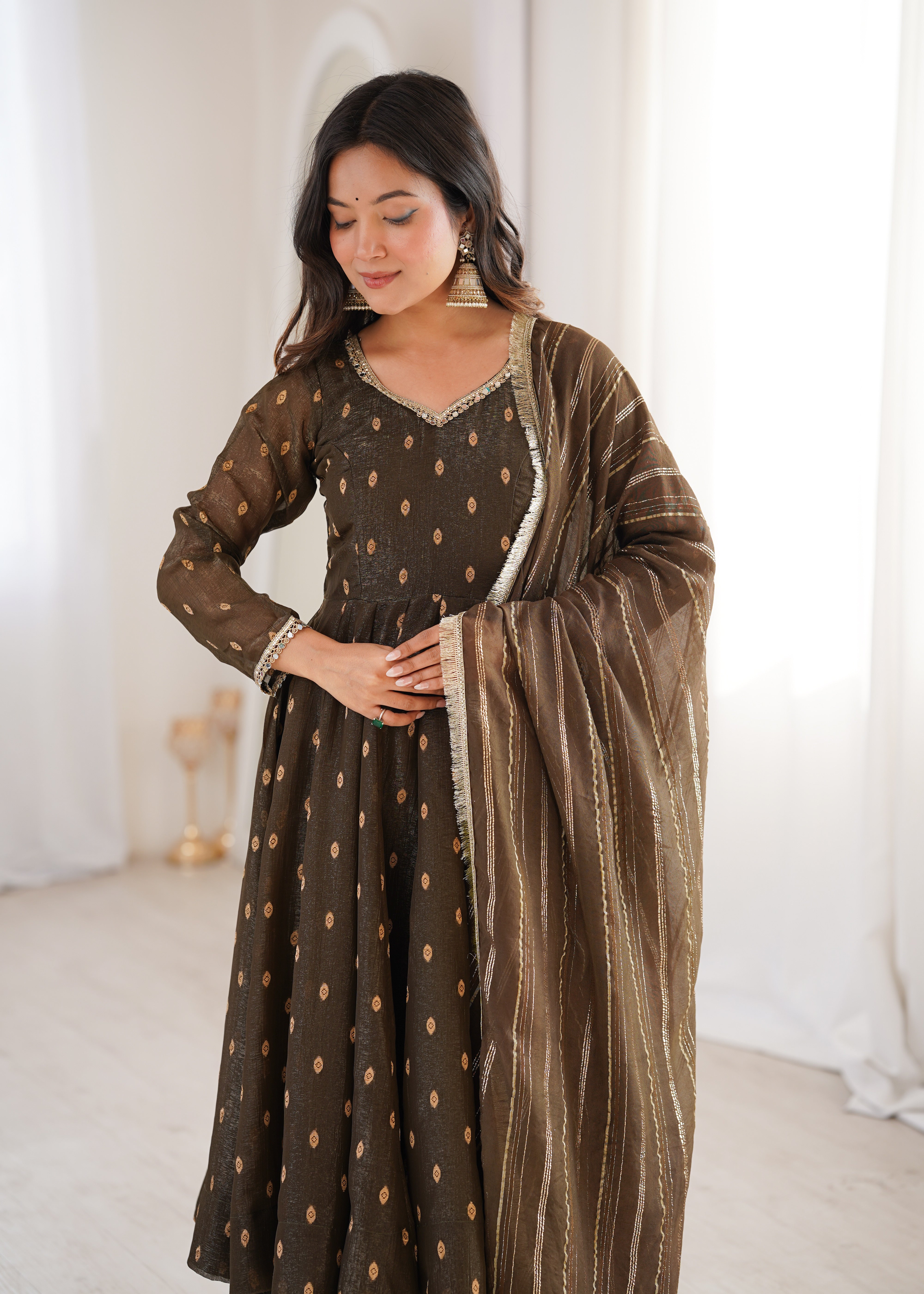 Womenline Elegant Chocolate Brown Printed Anarkali Suit Set with Dupatta
