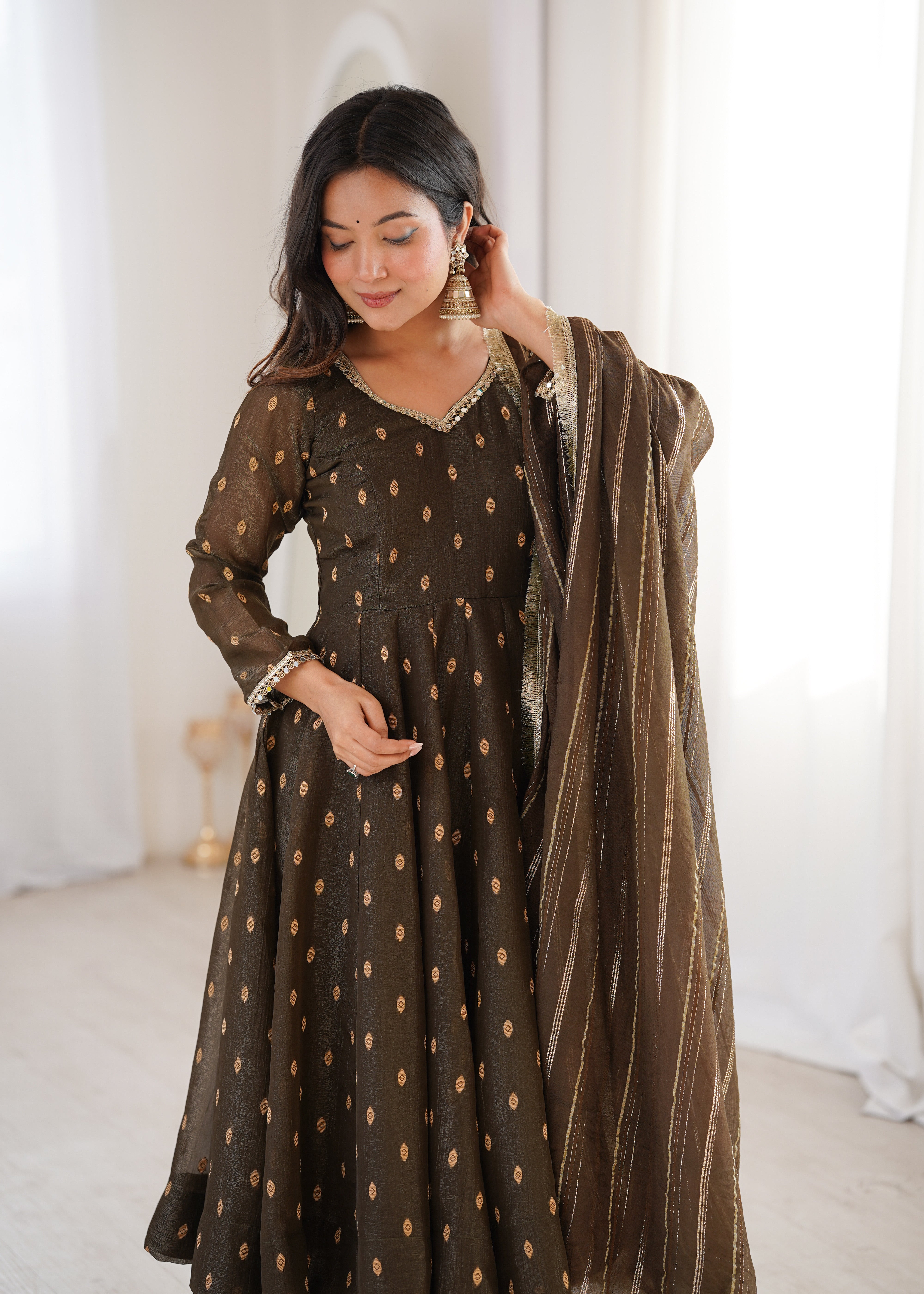 Womenline Elegant Chocolate Brown Printed Anarkali Suit Set with Dupatta