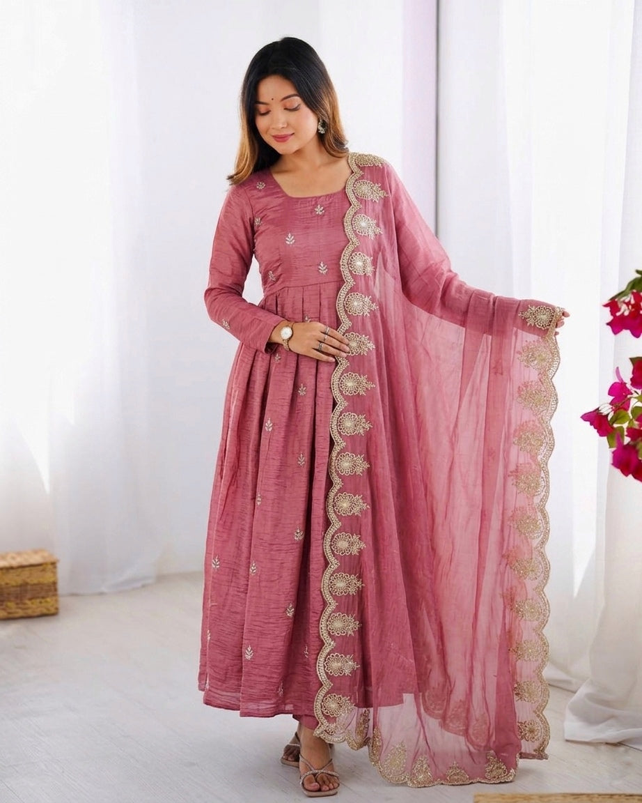 Womenline Elegant Blush Pink Embroidered Anarkali Suit Set with Dupatta