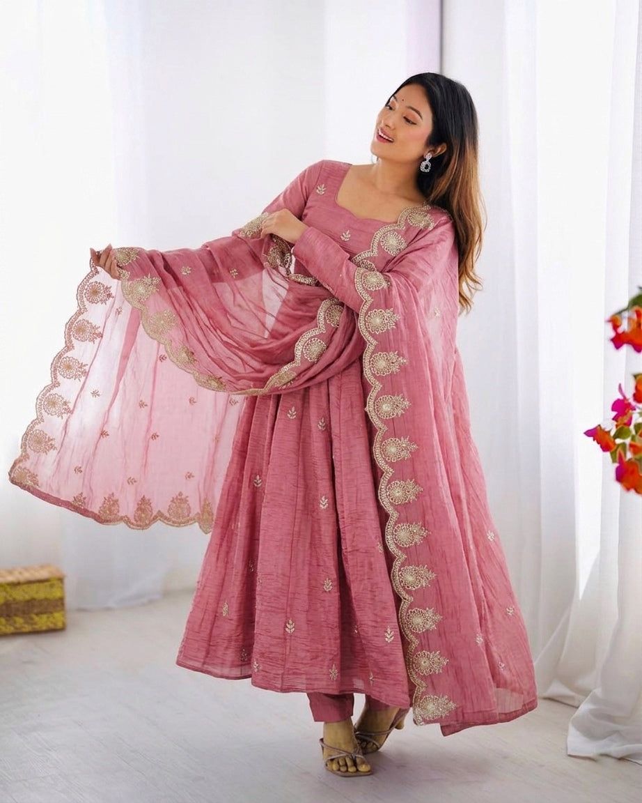 Womenline Elegant Blush Pink Embroidered Anarkali Suit Set with Dupatta