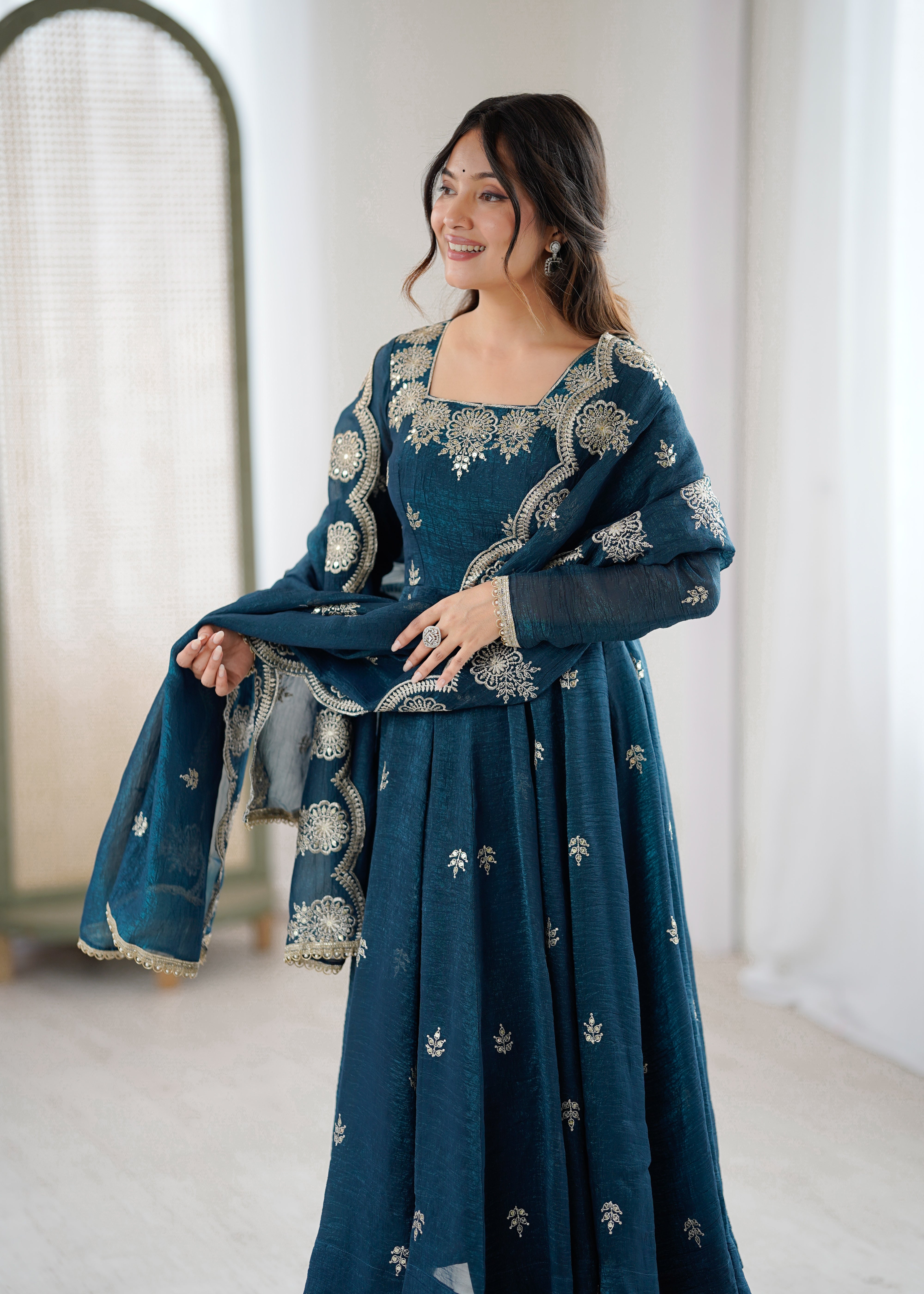 Womenline Teal Blue Embroidered Anarkali Suit Set with Scalloped Dupatta