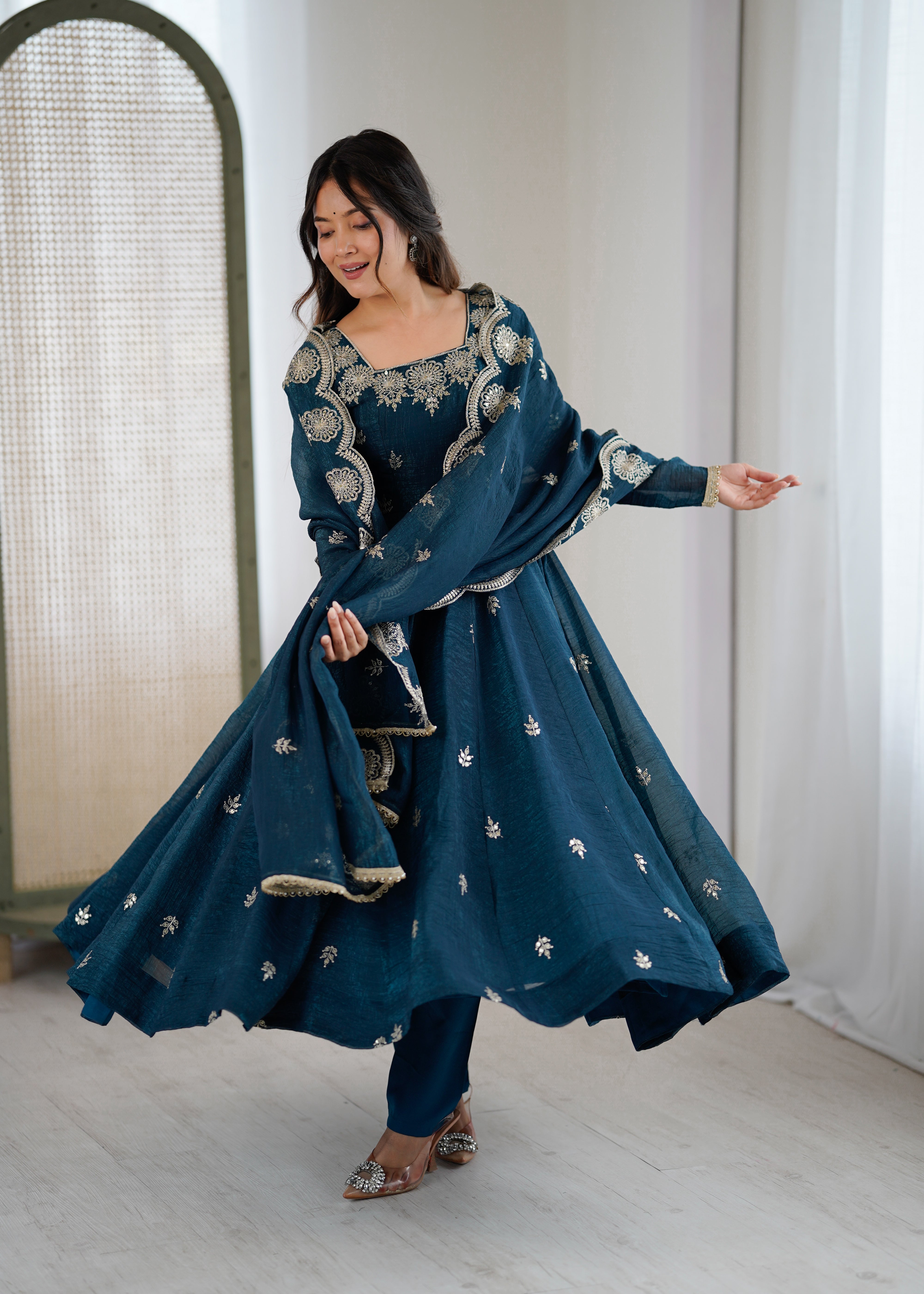 Womenline Teal Blue Embroidered Anarkali Suit Set with Scalloped Dupatta