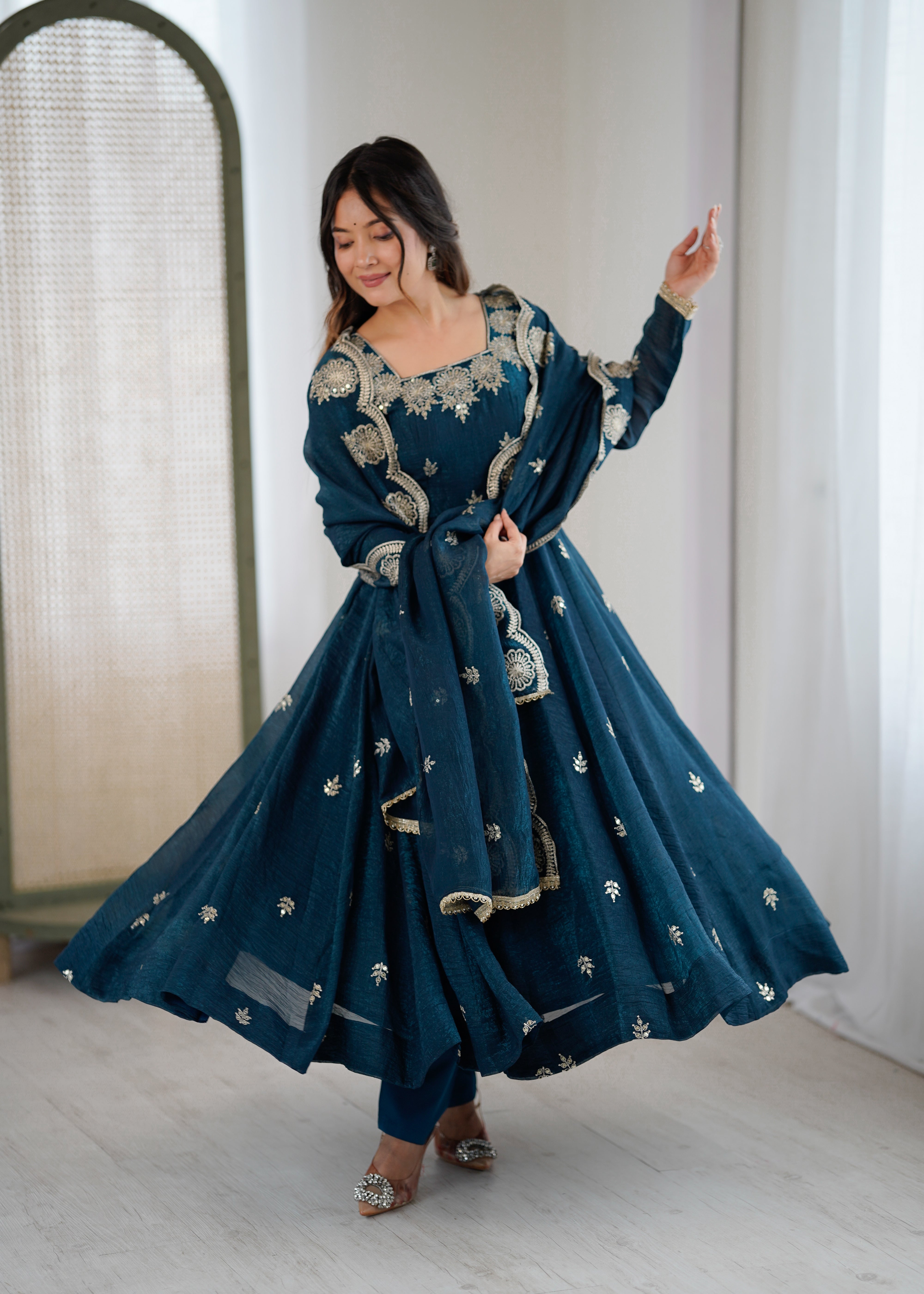 Womenline Teal Blue Embroidered Anarkali Suit Set with Scalloped Dupatta