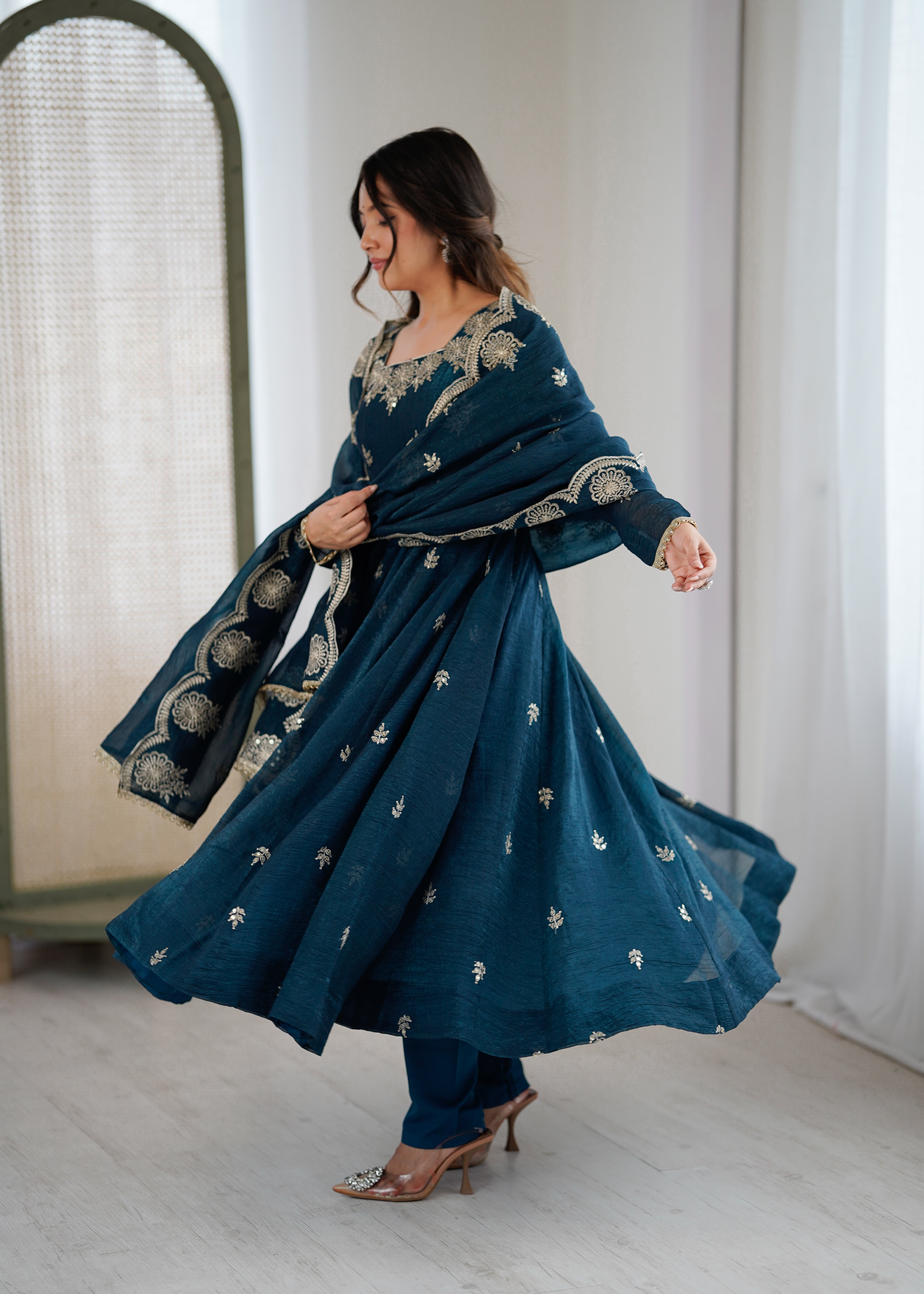 Womenline Teal Blue Embroidered Anarkali Suit Set with Scalloped Dupatta
