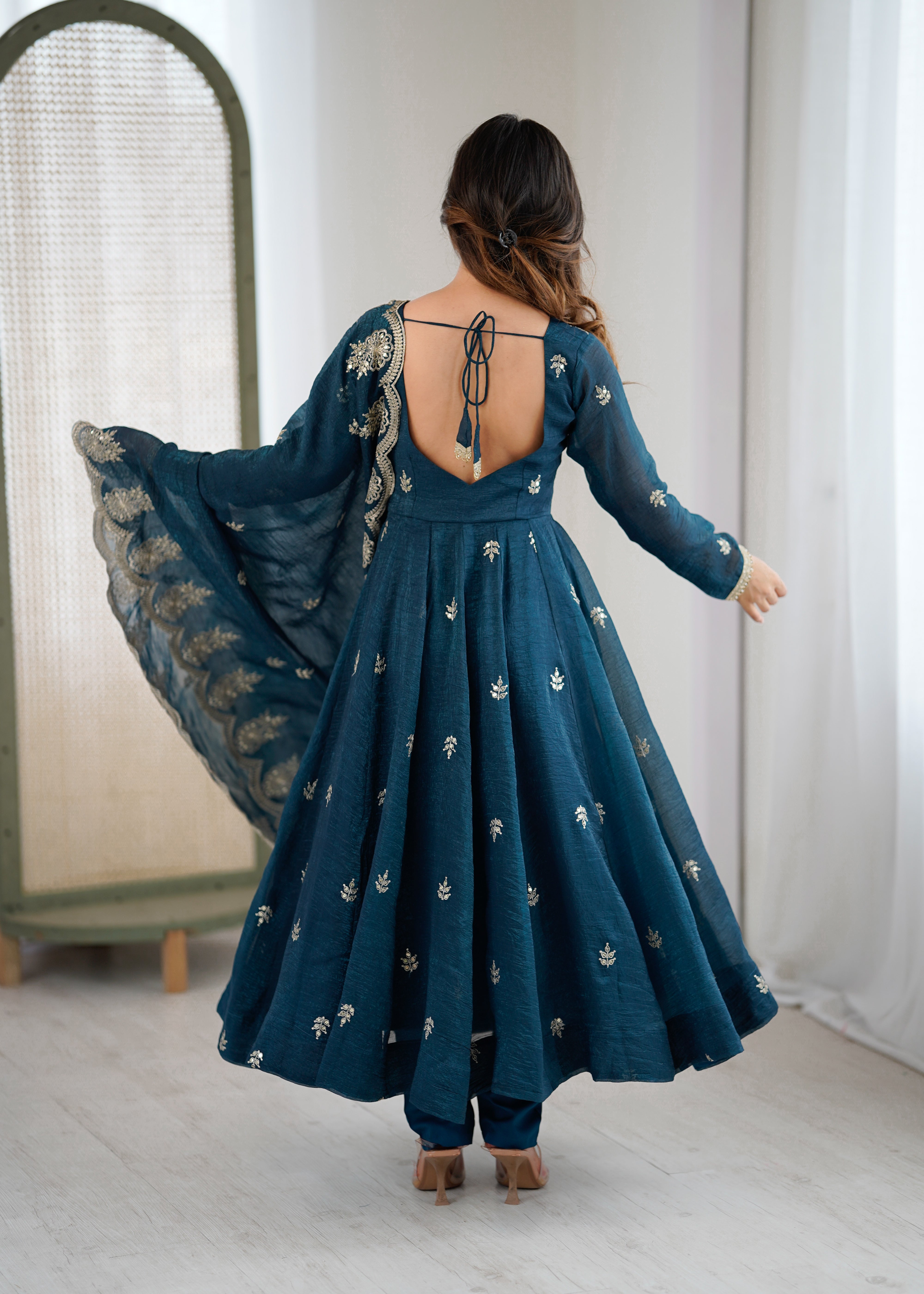 Womenline Teal Blue Embroidered Anarkali Suit Set with Scalloped Dupatta