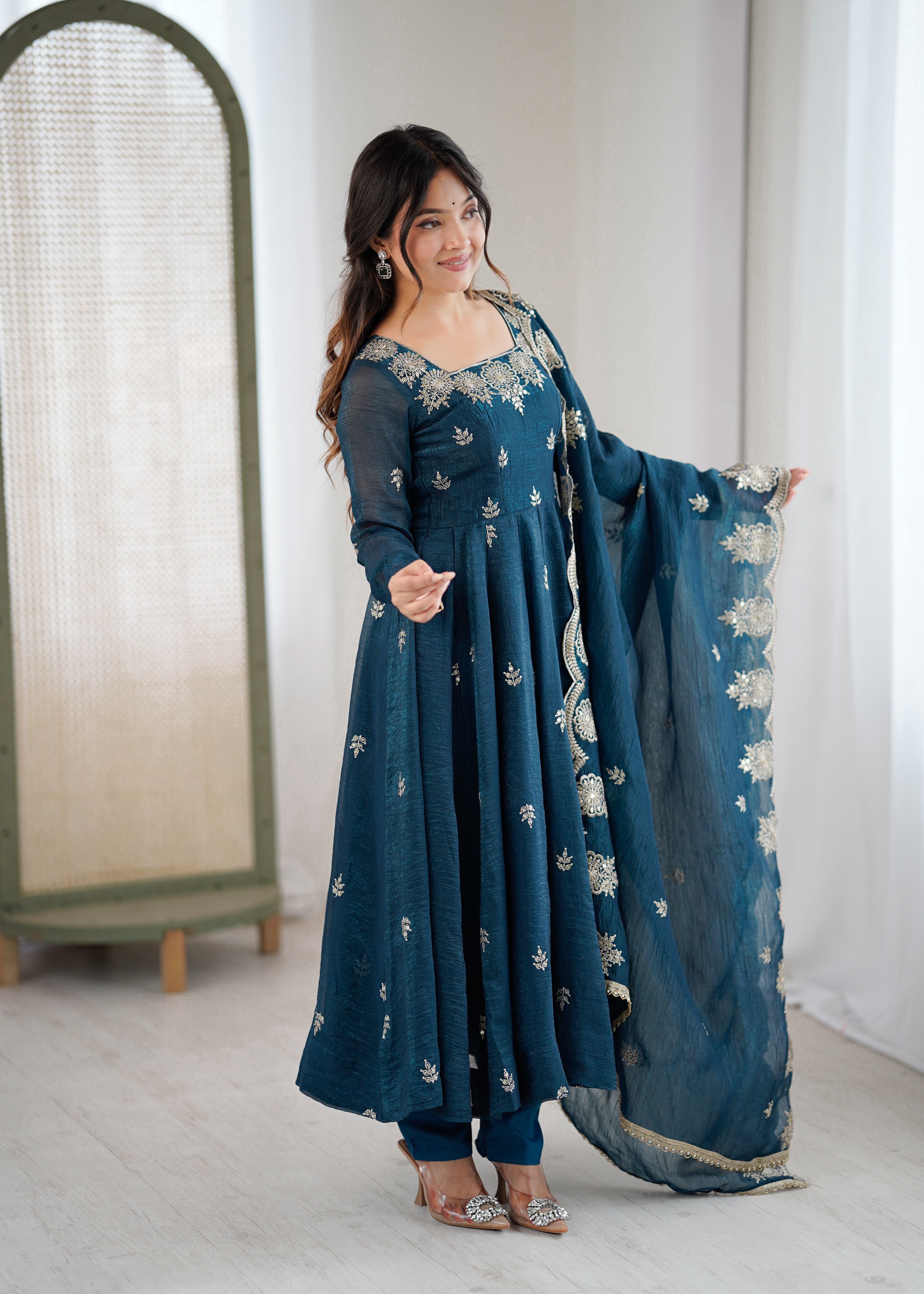 Womenline Teal Blue Embroidered Anarkali Suit Set with Scalloped Dupatta