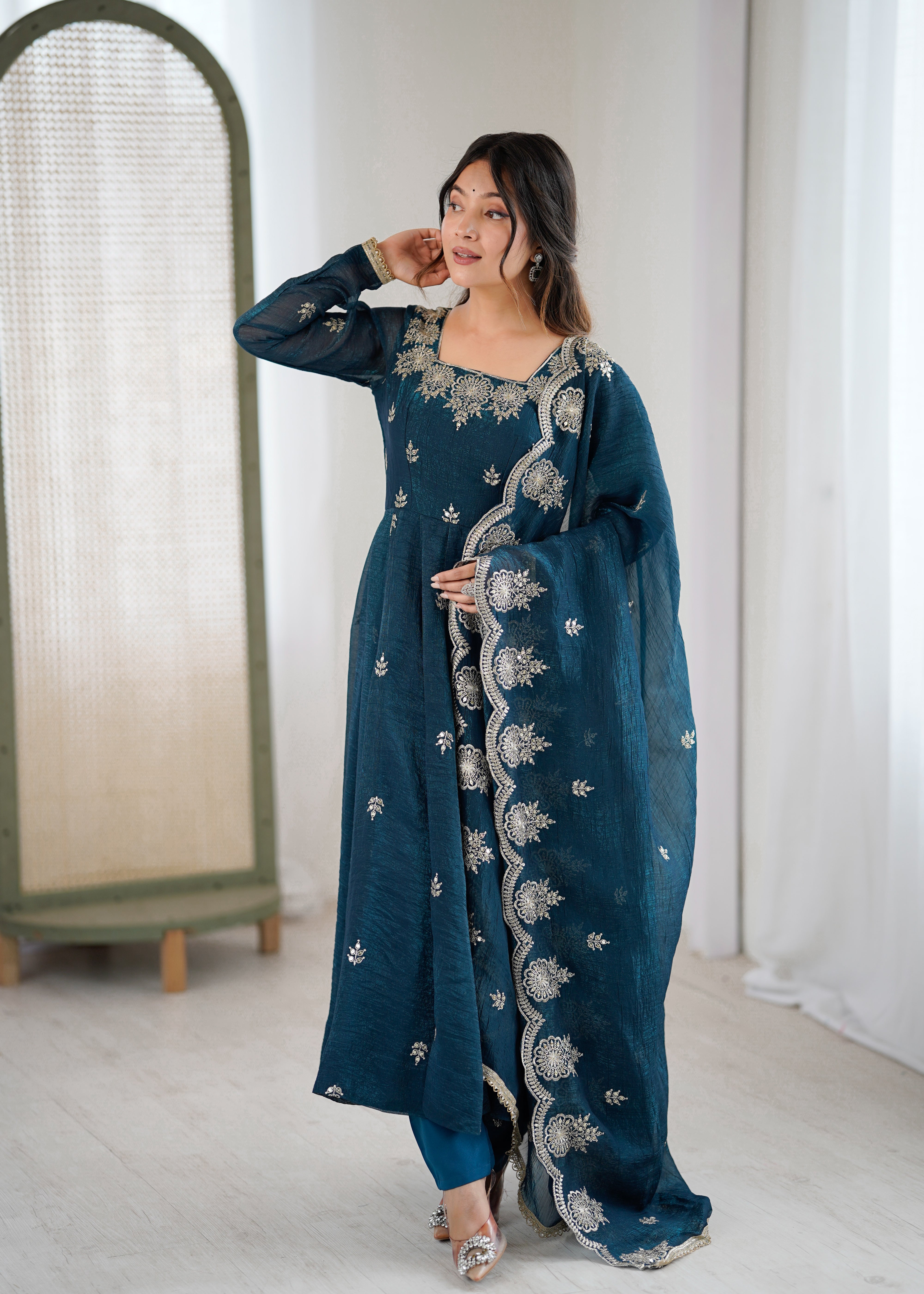 Womenline Teal Blue Embroidered Anarkali Suit Set with Scalloped Dupatta