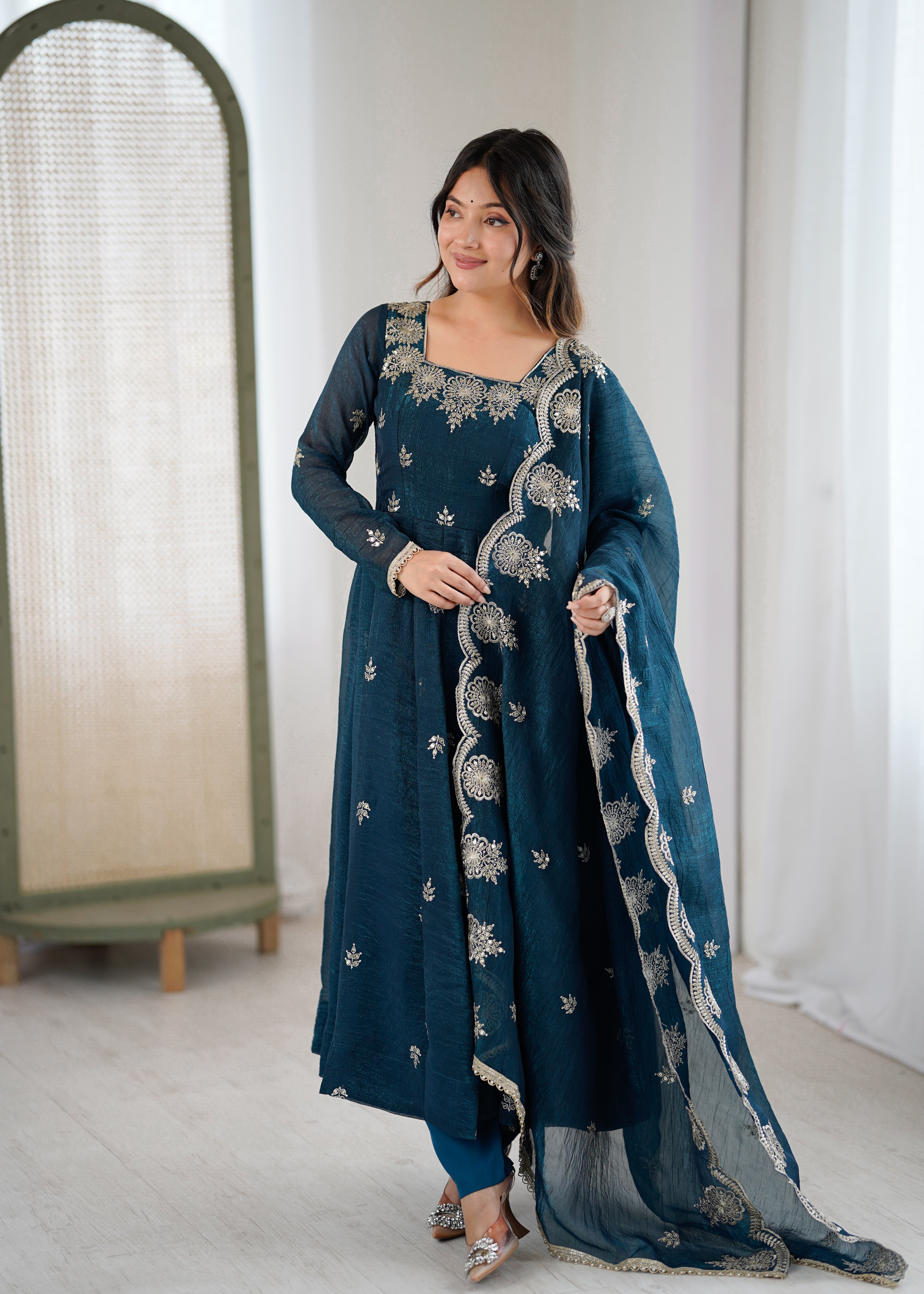 Womenline Teal Blue Embroidered Anarkali Suit Set with Scalloped Dupatta