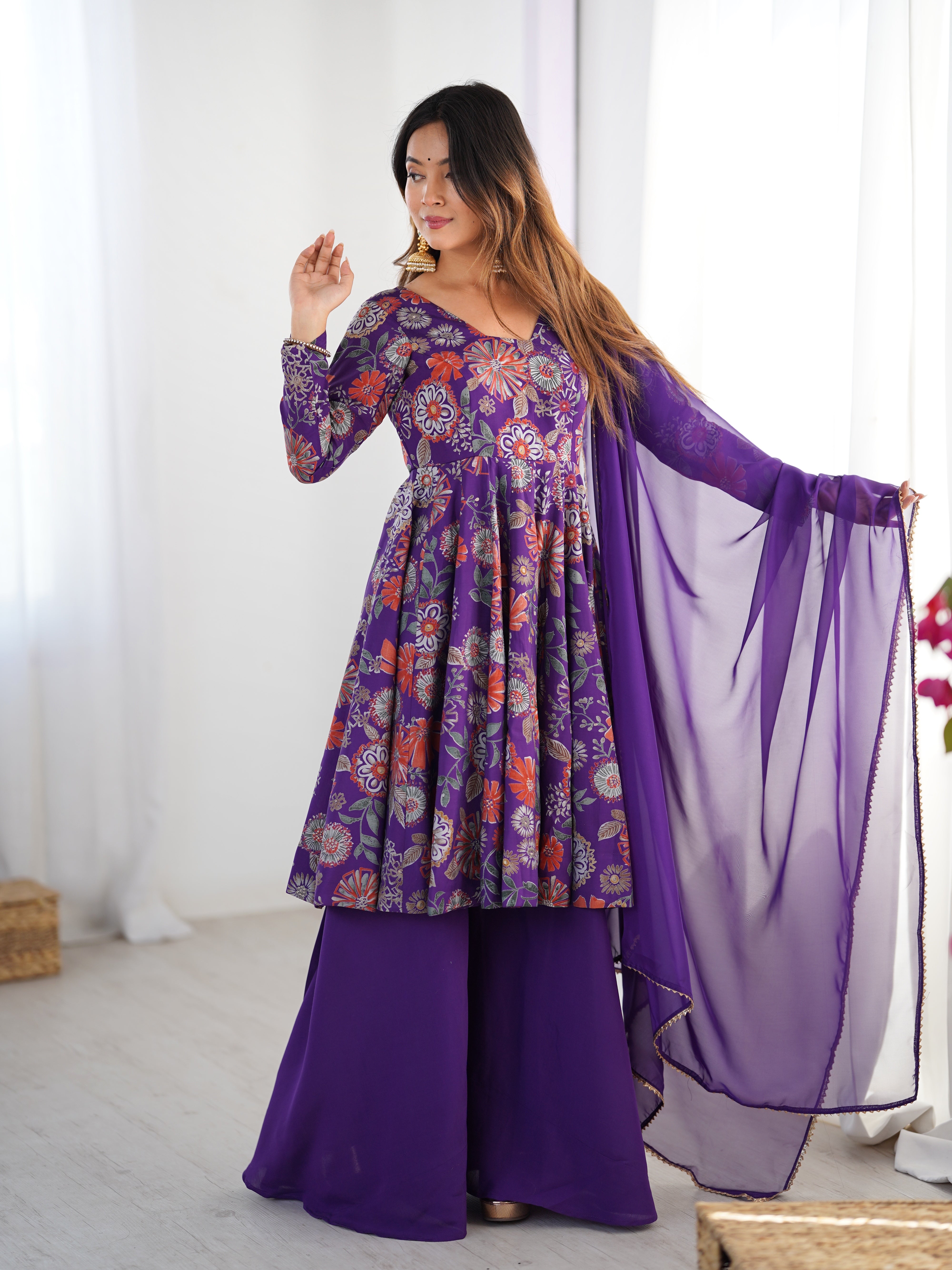 Womenline Royal Purple Floral Printed Sharara Suit Set with Dupatta