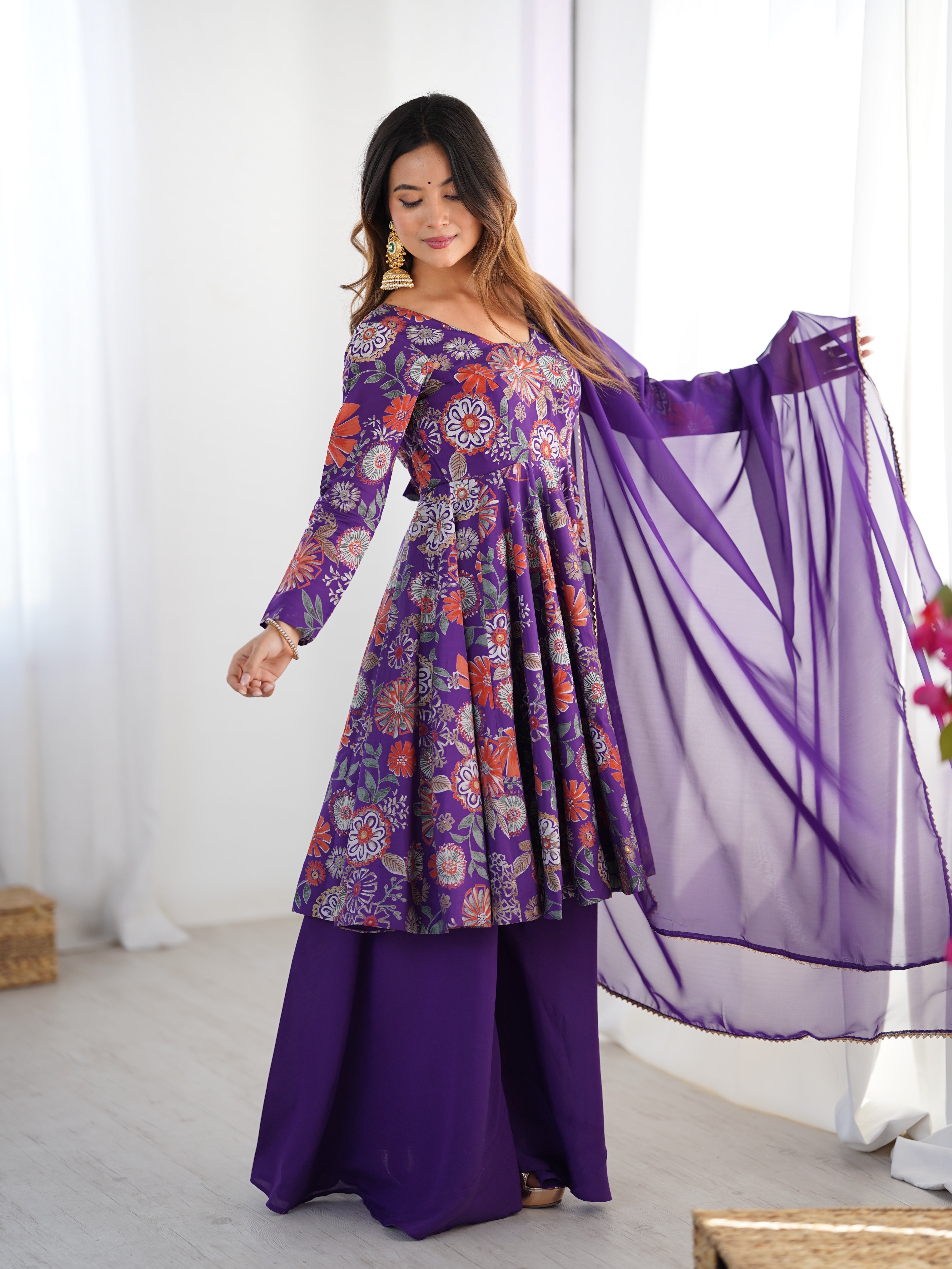Womenline Royal Purple Floral Printed Sharara Suit Set with Dupatta