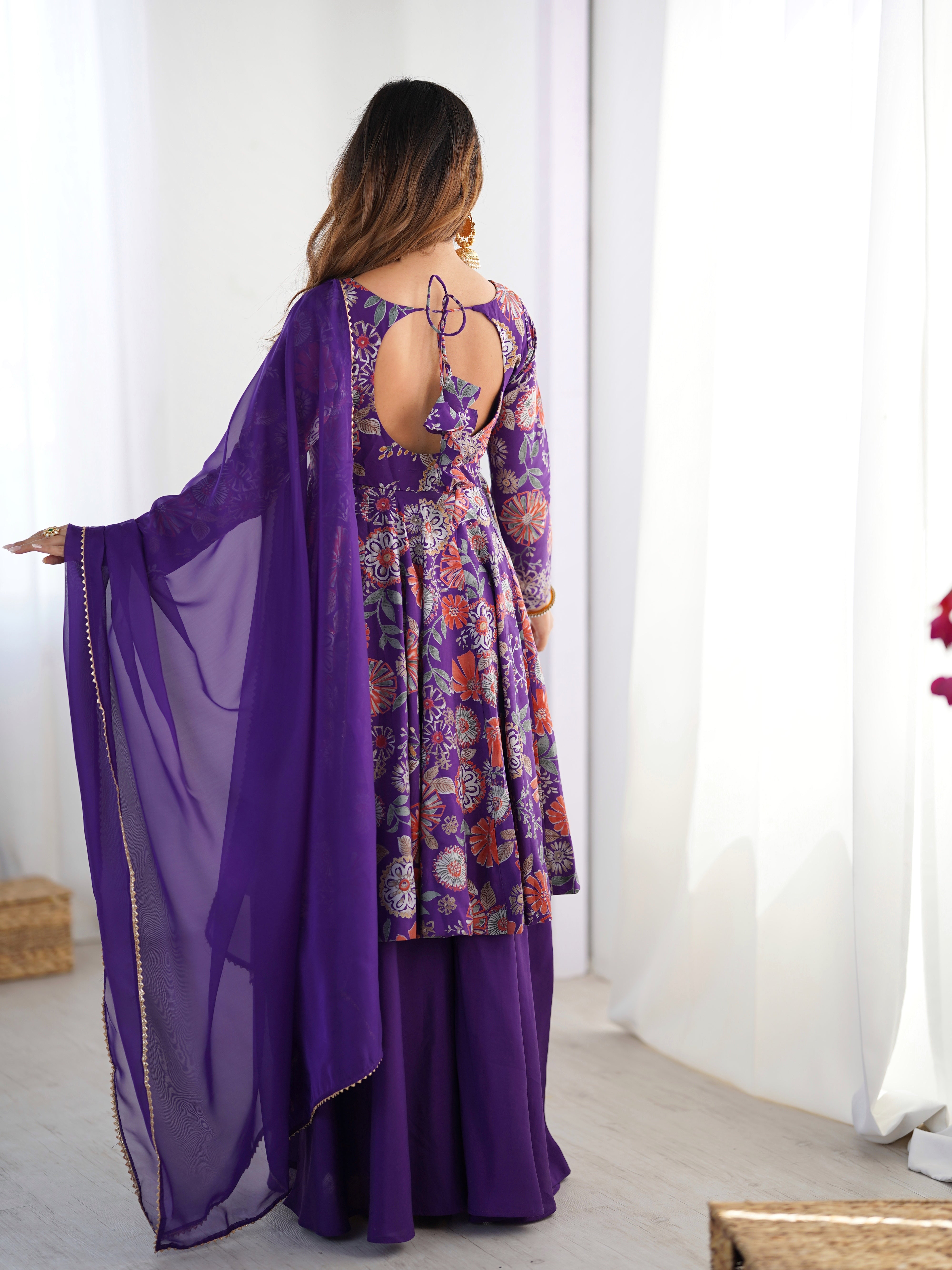 Womenline Royal Purple Floral Printed Sharara Suit Set with Dupatta