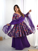 Womenline Royal Purple Floral Printed Sharara Suit Set with Dupatta