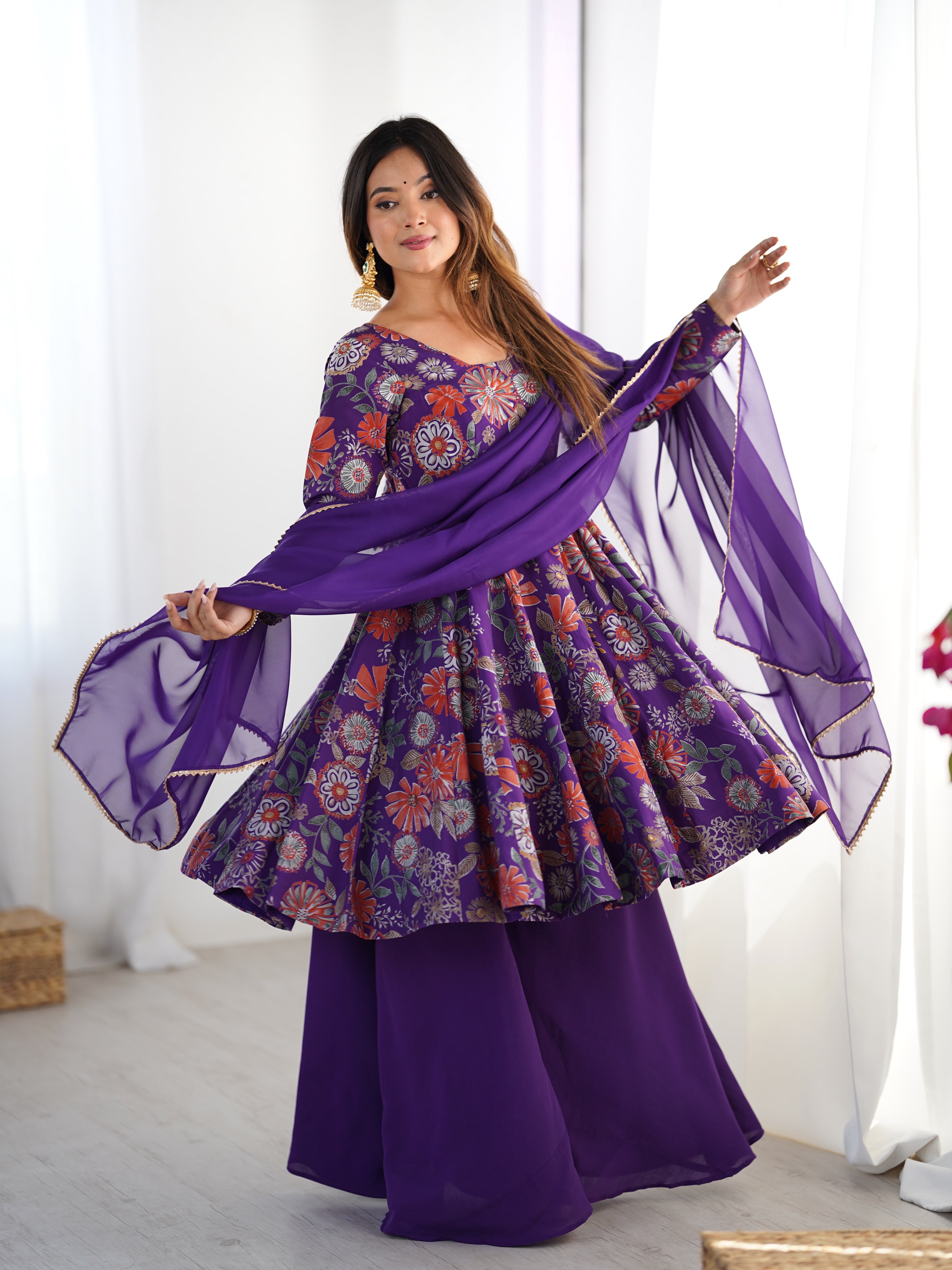 Womenline Royal Purple Floral Printed Sharara Suit Set with Dupatta