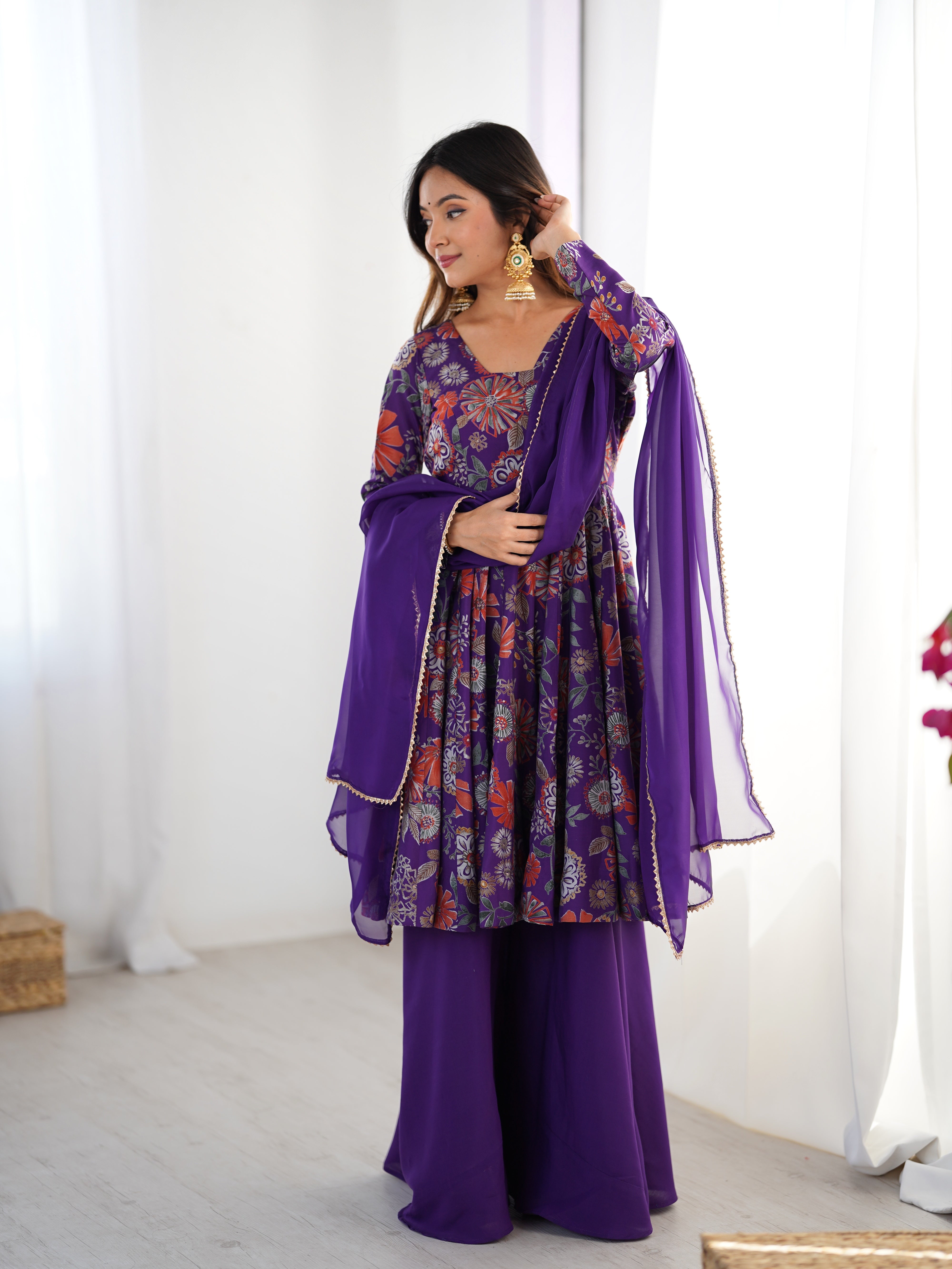 Womenline Royal Purple Floral Printed Sharara Suit Set with Dupatta