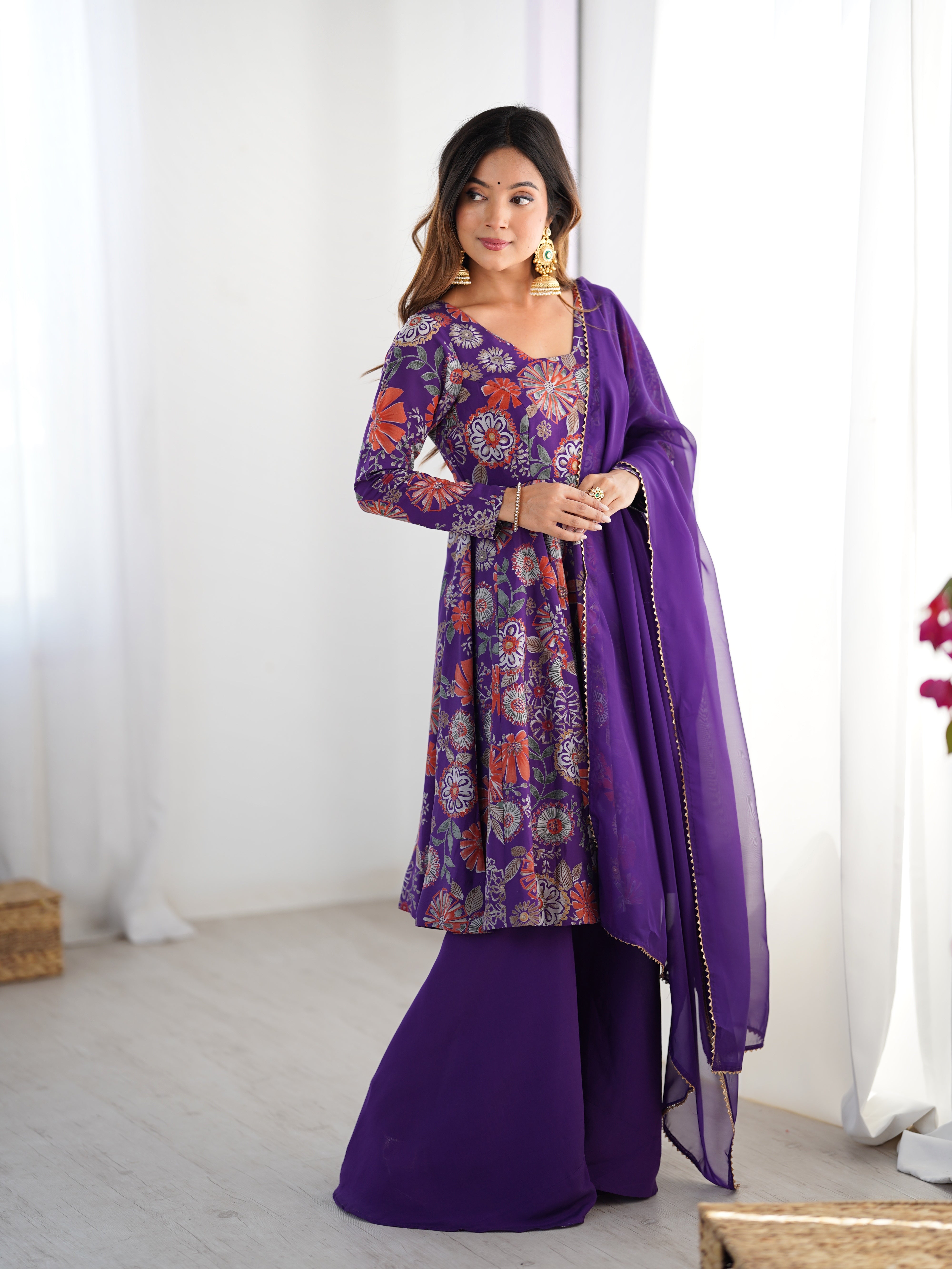 Womenline Royal Purple Floral Printed Sharara Suit Set with Dupatta