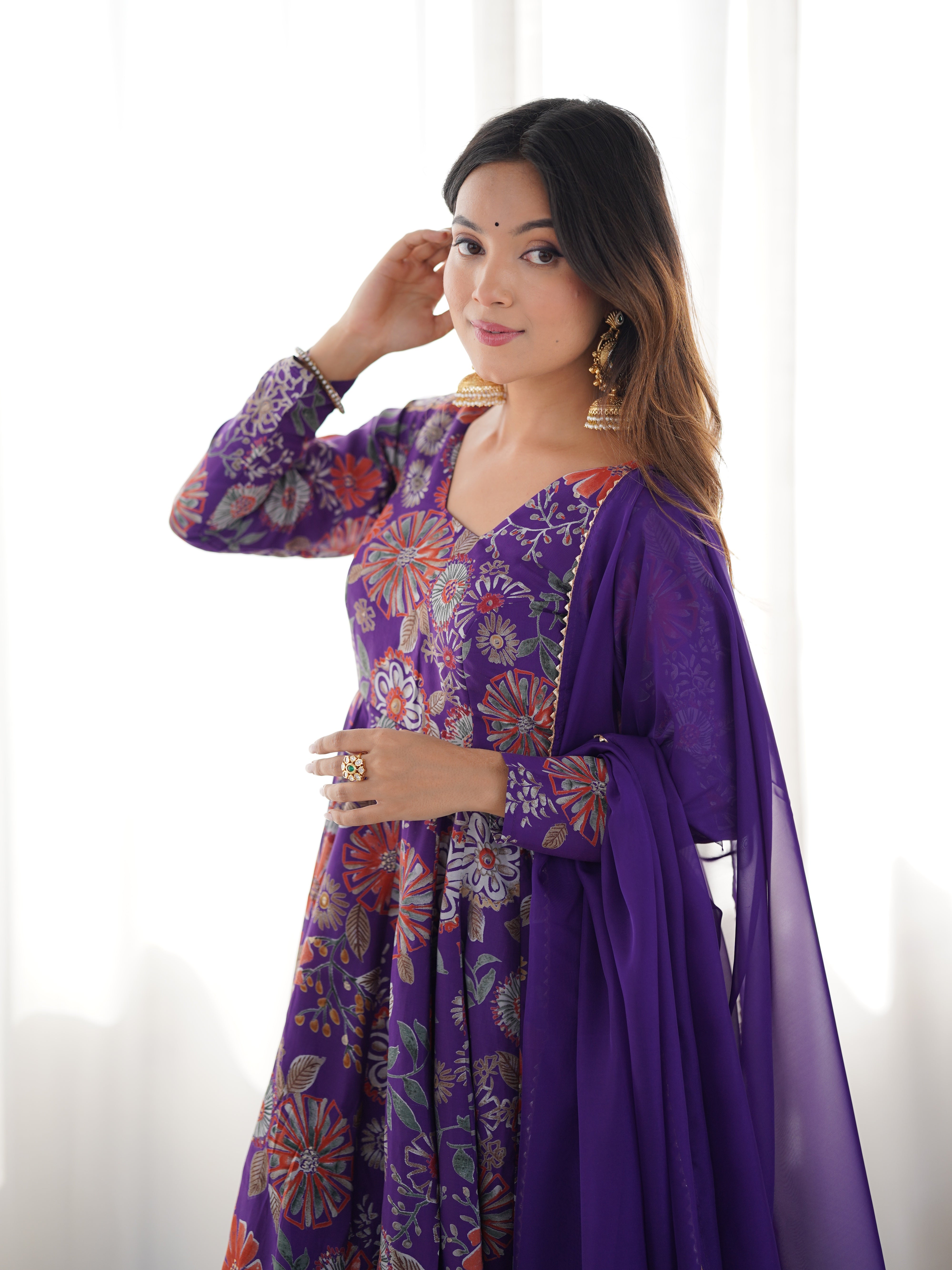 Womenline Royal Purple Floral Printed Sharara Suit Set with Dupatta