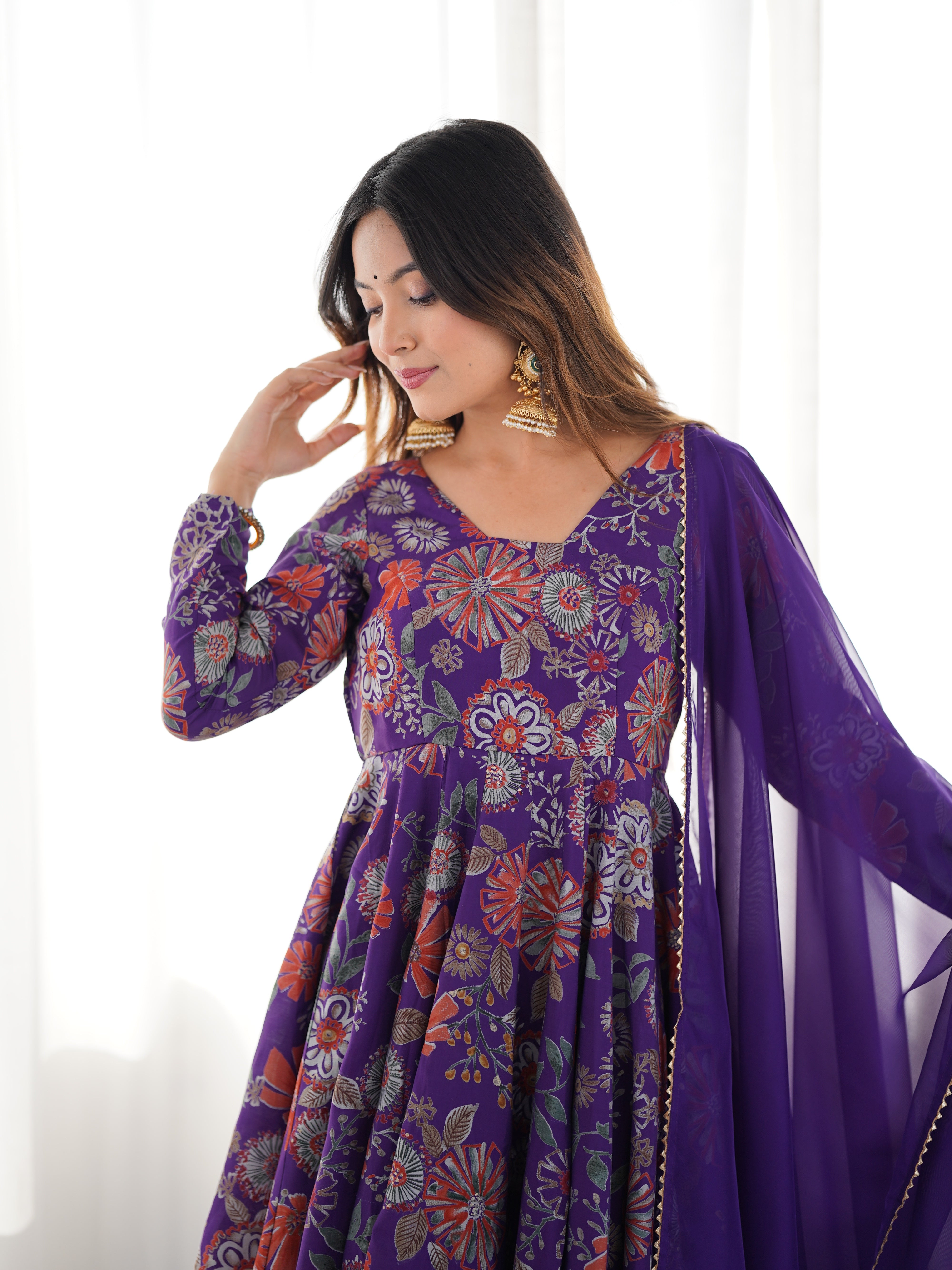 Womenline Royal Purple Floral Printed Sharara Suit Set with Dupatta