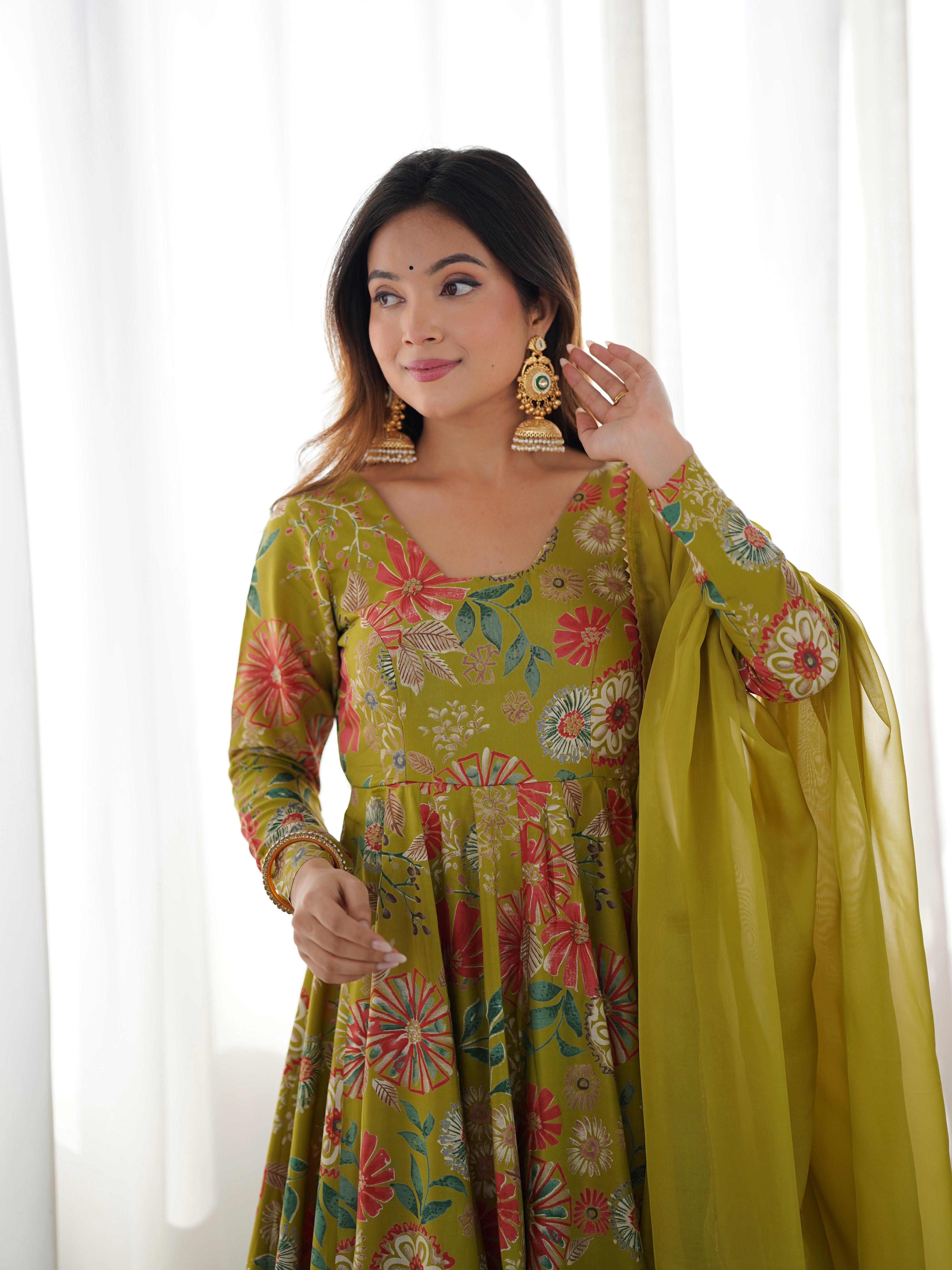 Womenline Olive Green Floral Printed Sharara Suit Set with Dupatta
