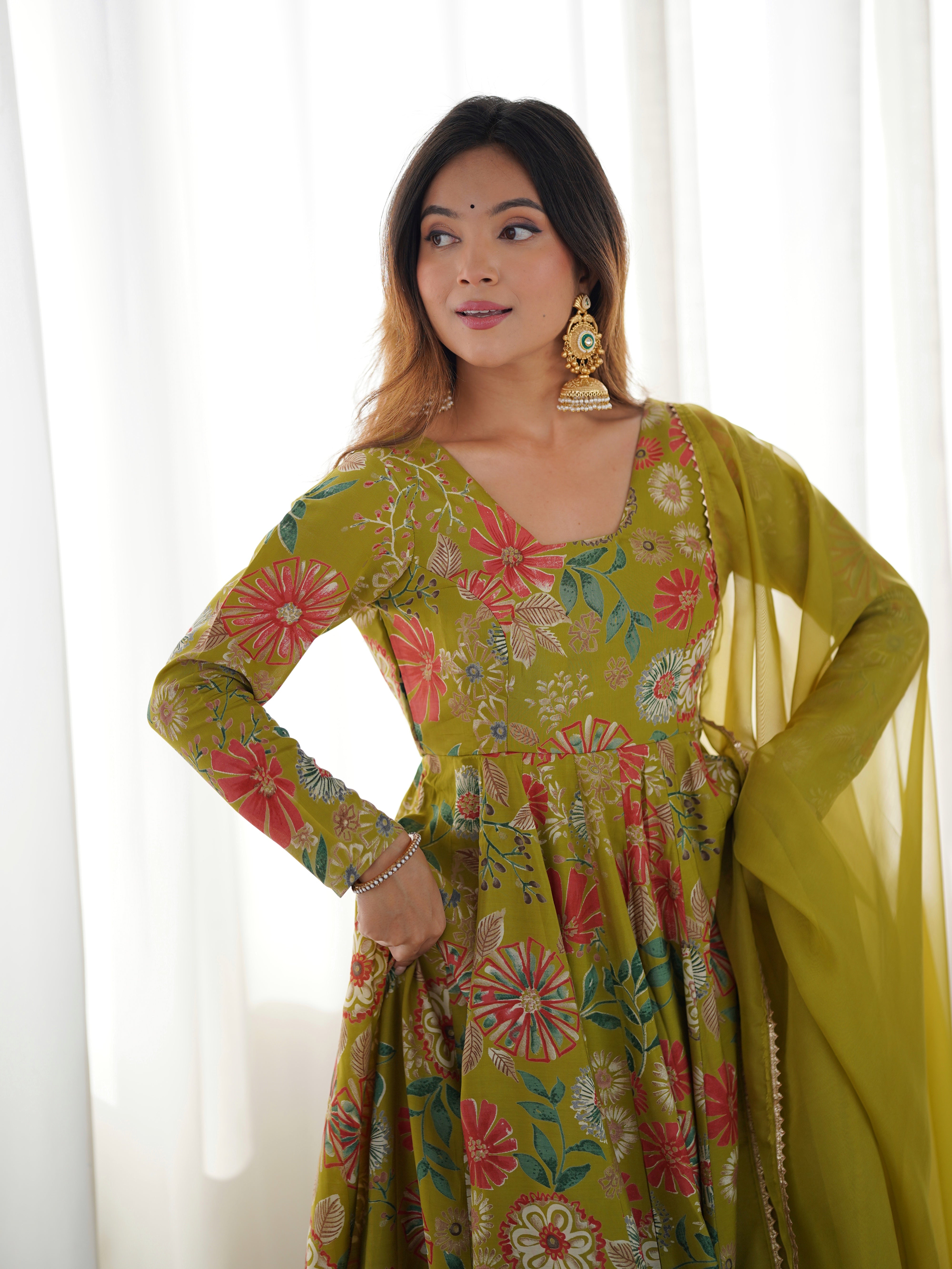 Womenline Olive Green Floral Printed Sharara Suit Set with Dupatta