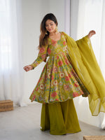 Womenline Olive Green Floral Printed Sharara Suit Set with Dupatta