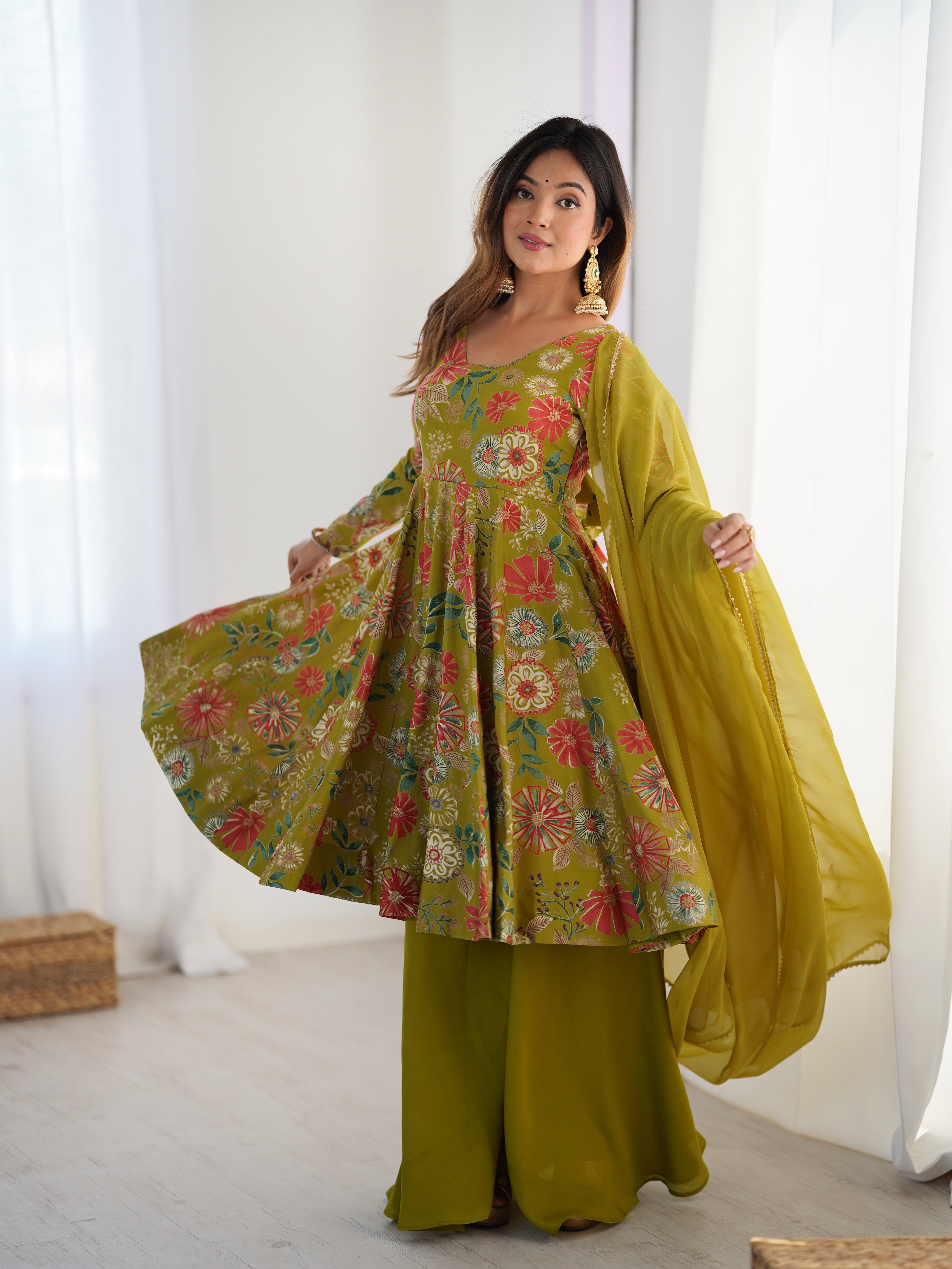 Womenline Olive Green Floral Printed Sharara Suit Set with Dupatta