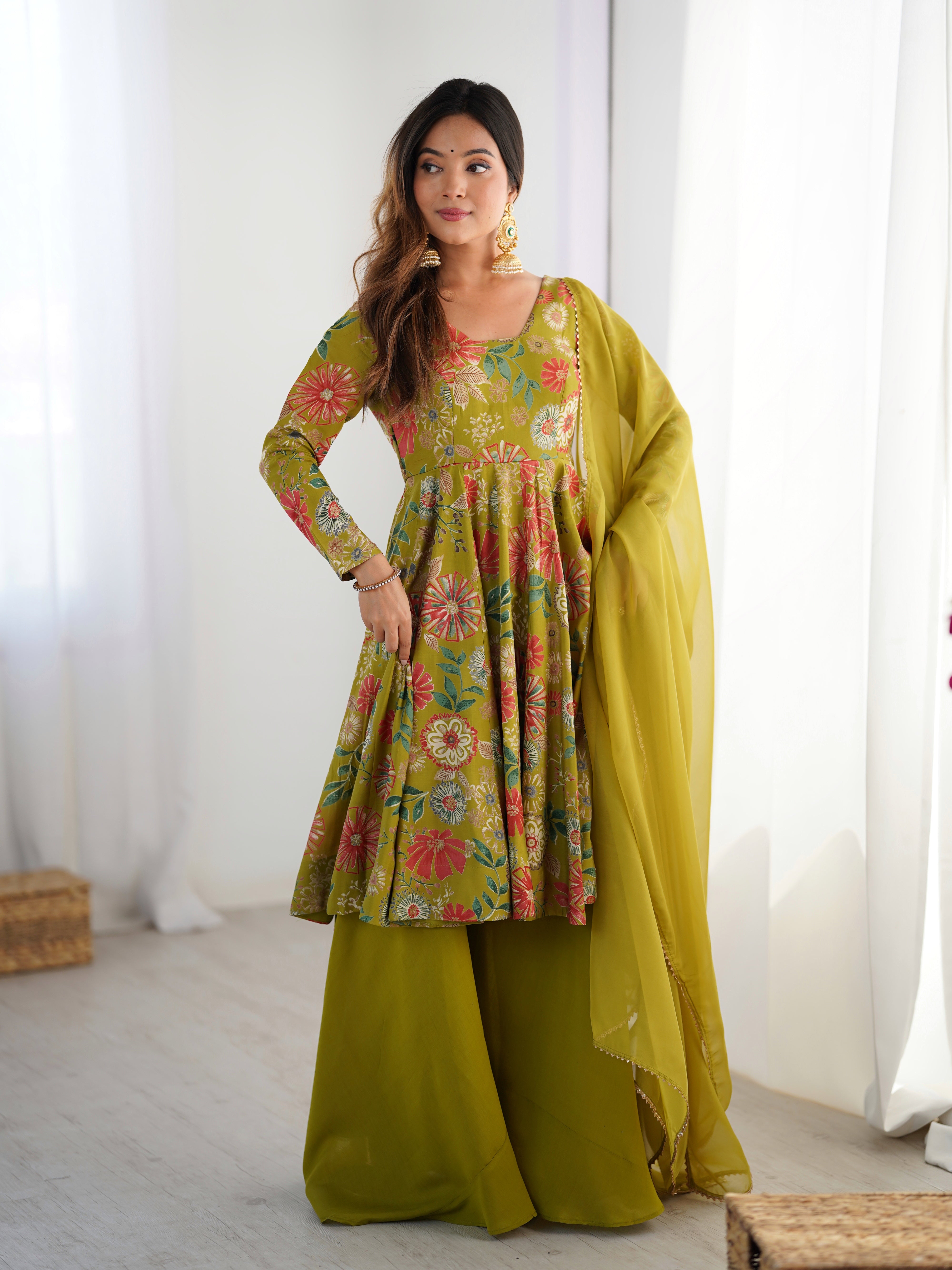 Womenline Olive Green Floral Printed Sharara Suit Set with Dupatta