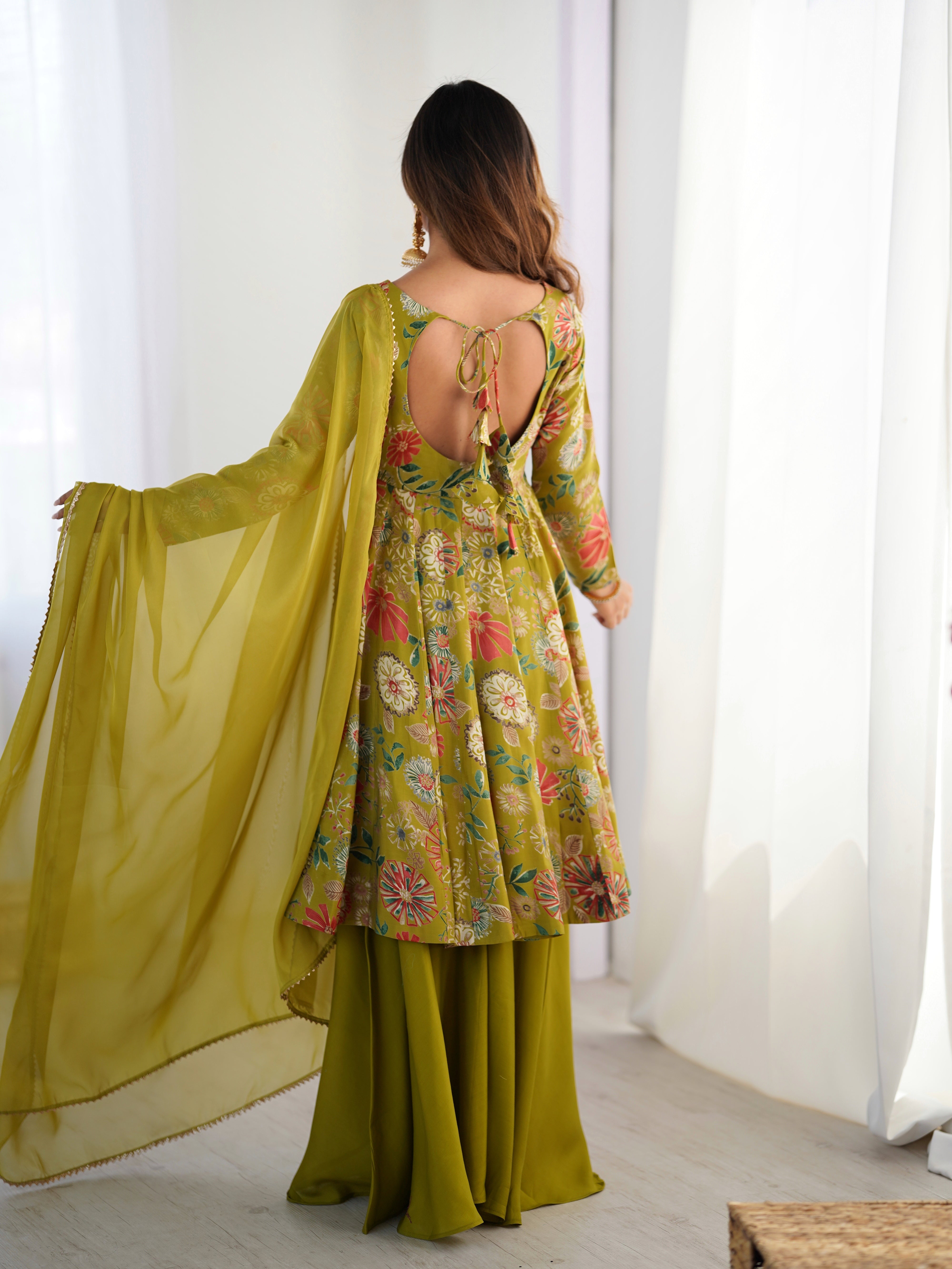 Womenline Olive Green Floral Printed Sharara Suit Set with Dupatta