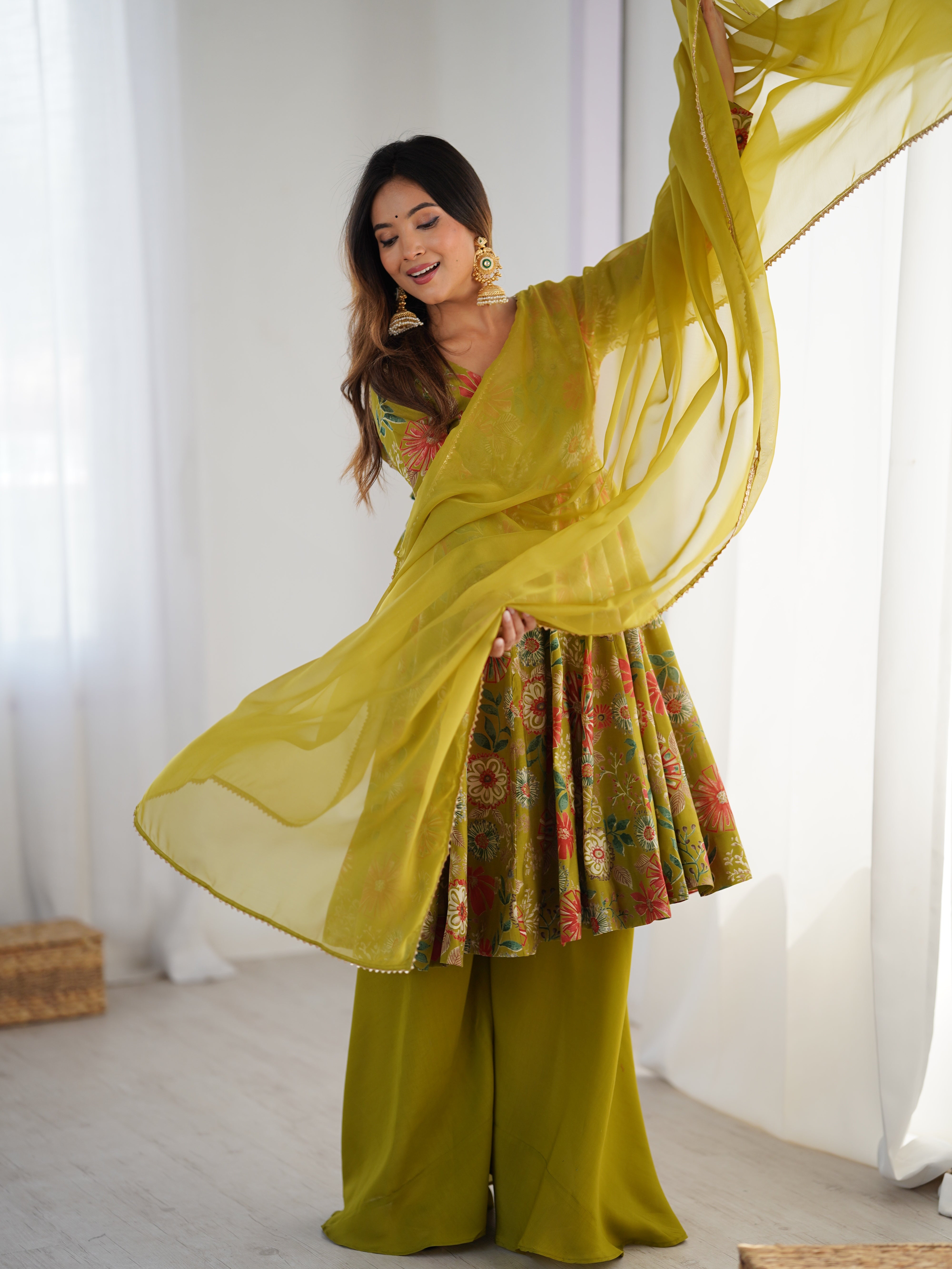 Womenline Olive Green Floral Printed Sharara Suit Set with Dupatta