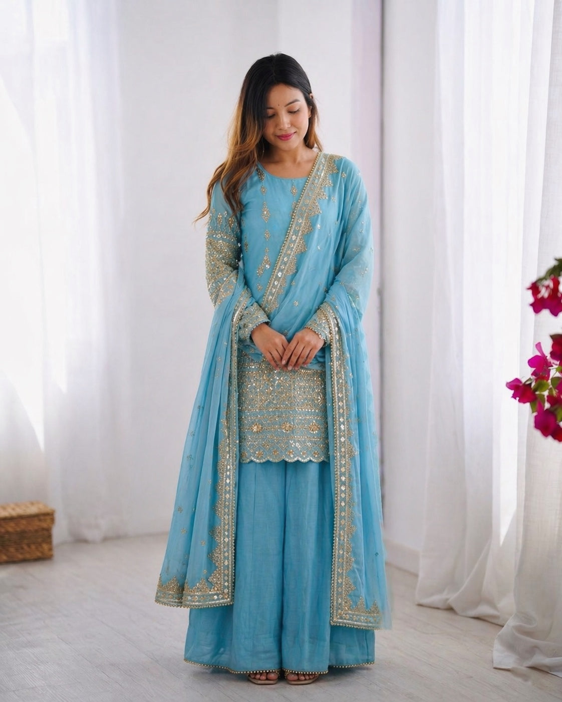 Womenline Graceful Sky Blue Embroidered Sharara Suit Set with Dupatta