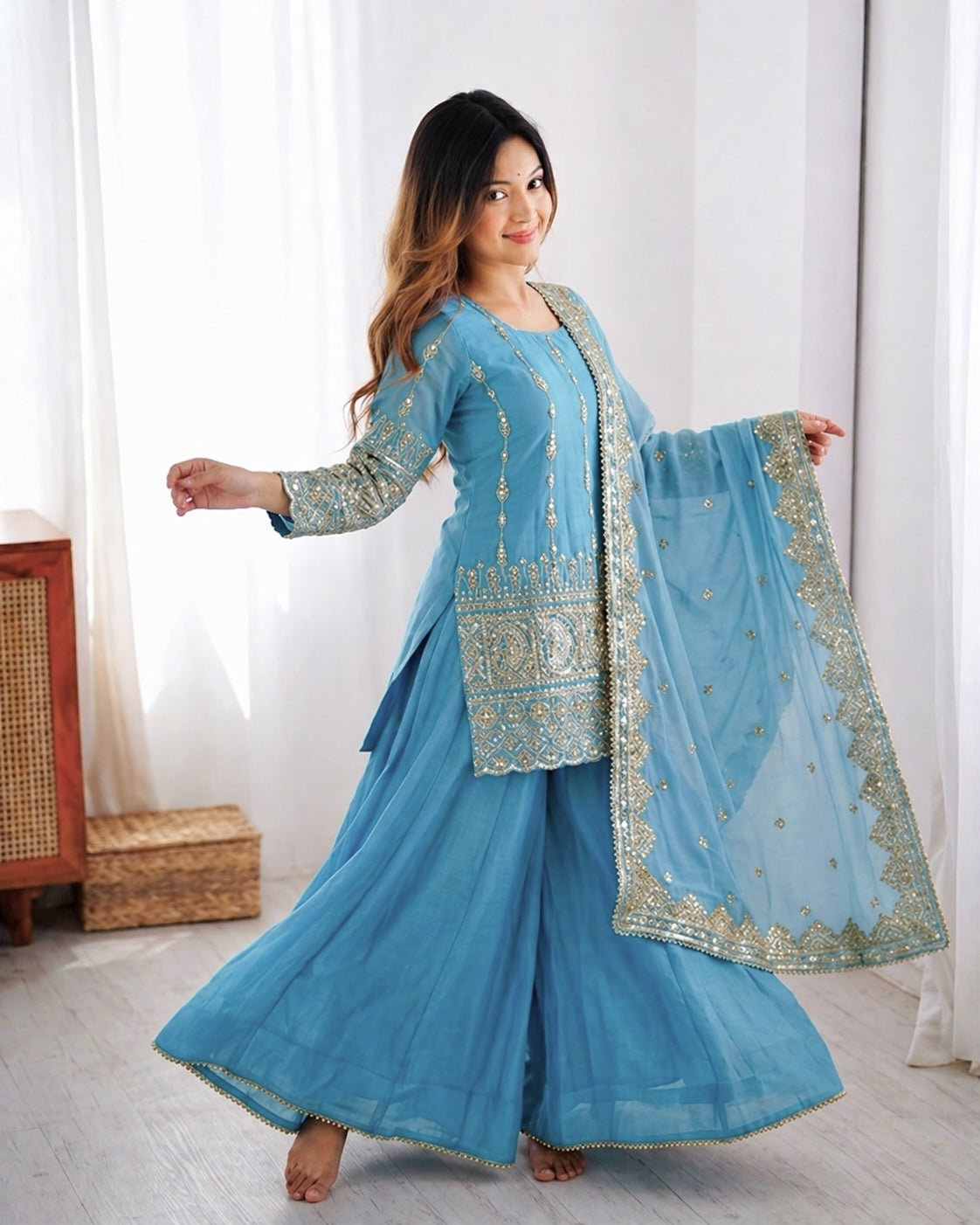 Womenline Graceful Sky Blue Embroidered Sharara Suit Set with Dupatta