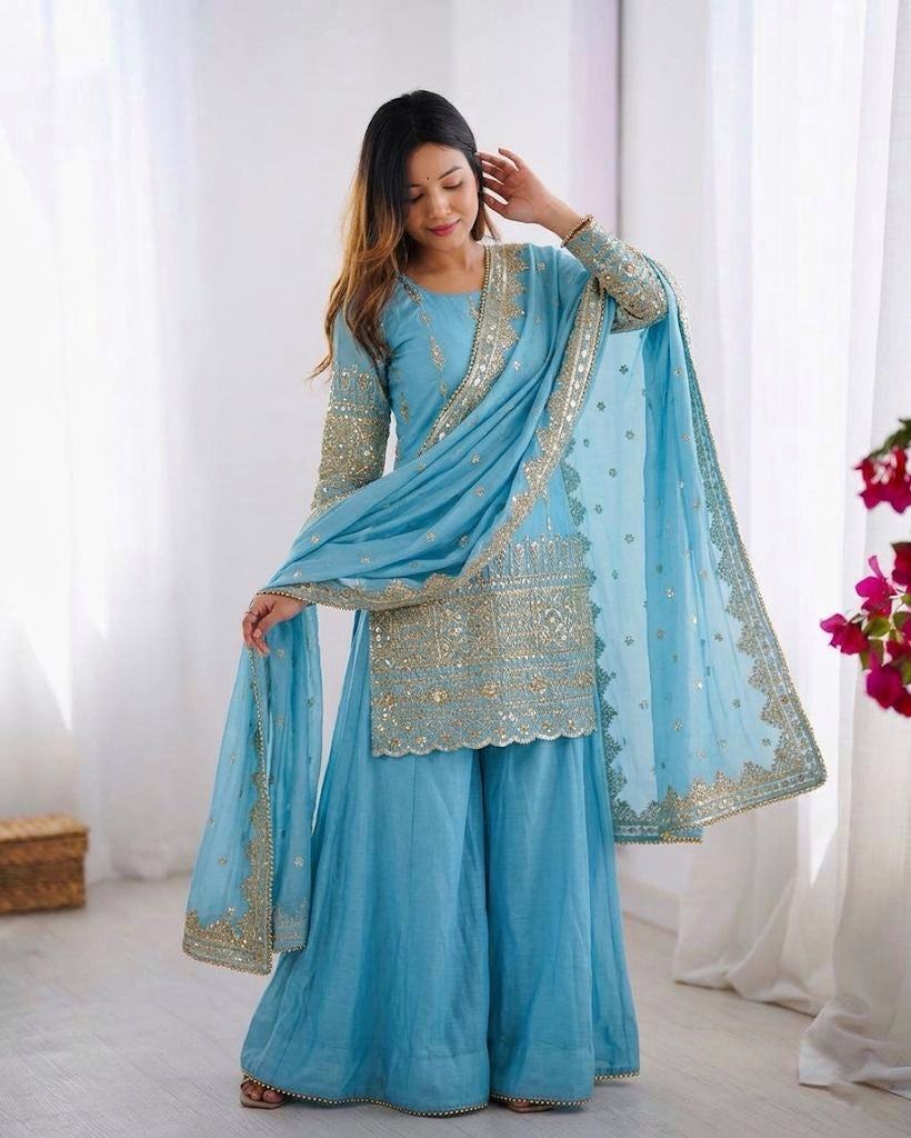 Womenline Graceful Sky Blue Embroidered Sharara Suit Set with Dupatta