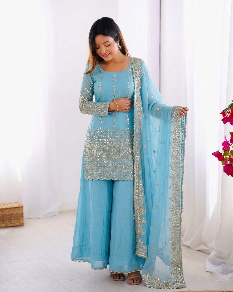 Womenline Graceful Sky Blue Embroidered Sharara Suit Set with Dupatta