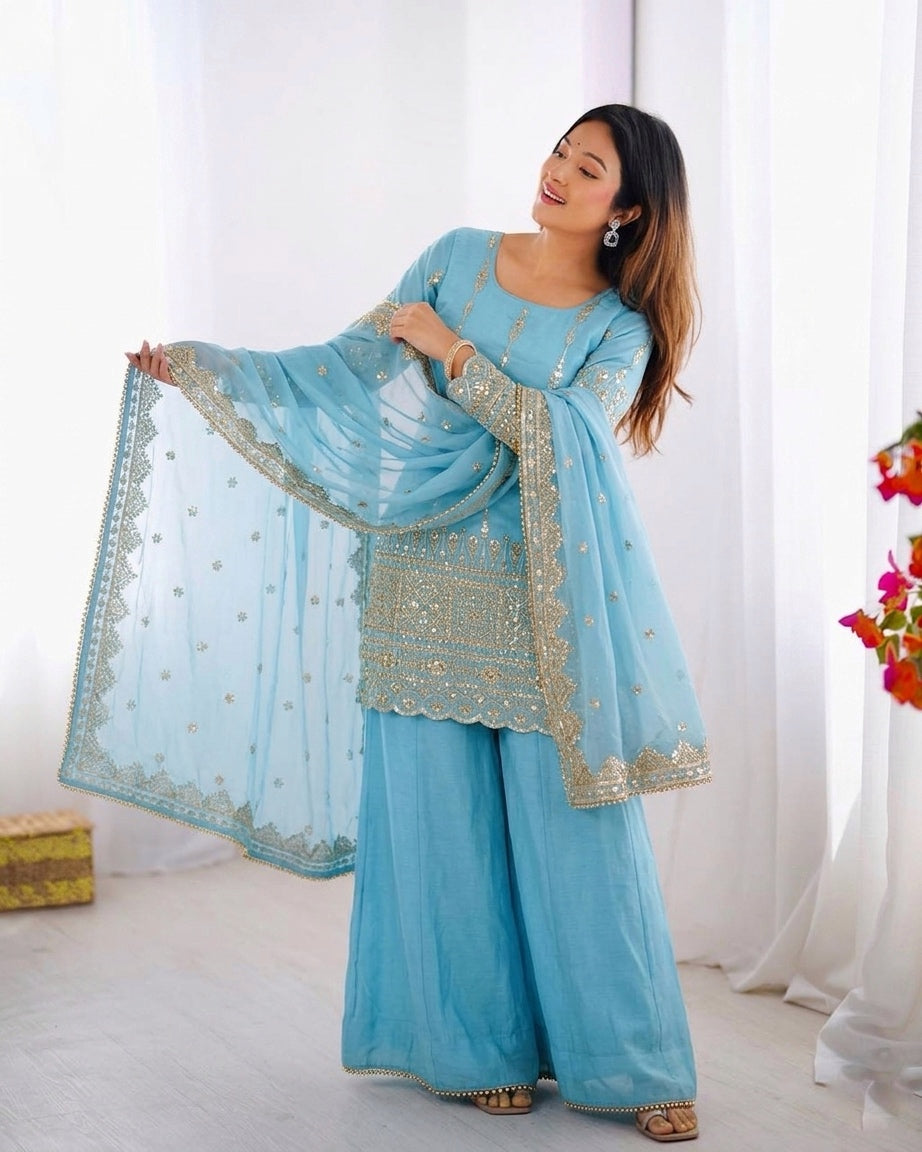 Womenline Graceful Sky Blue Embroidered Sharara Suit Set with Dupatta