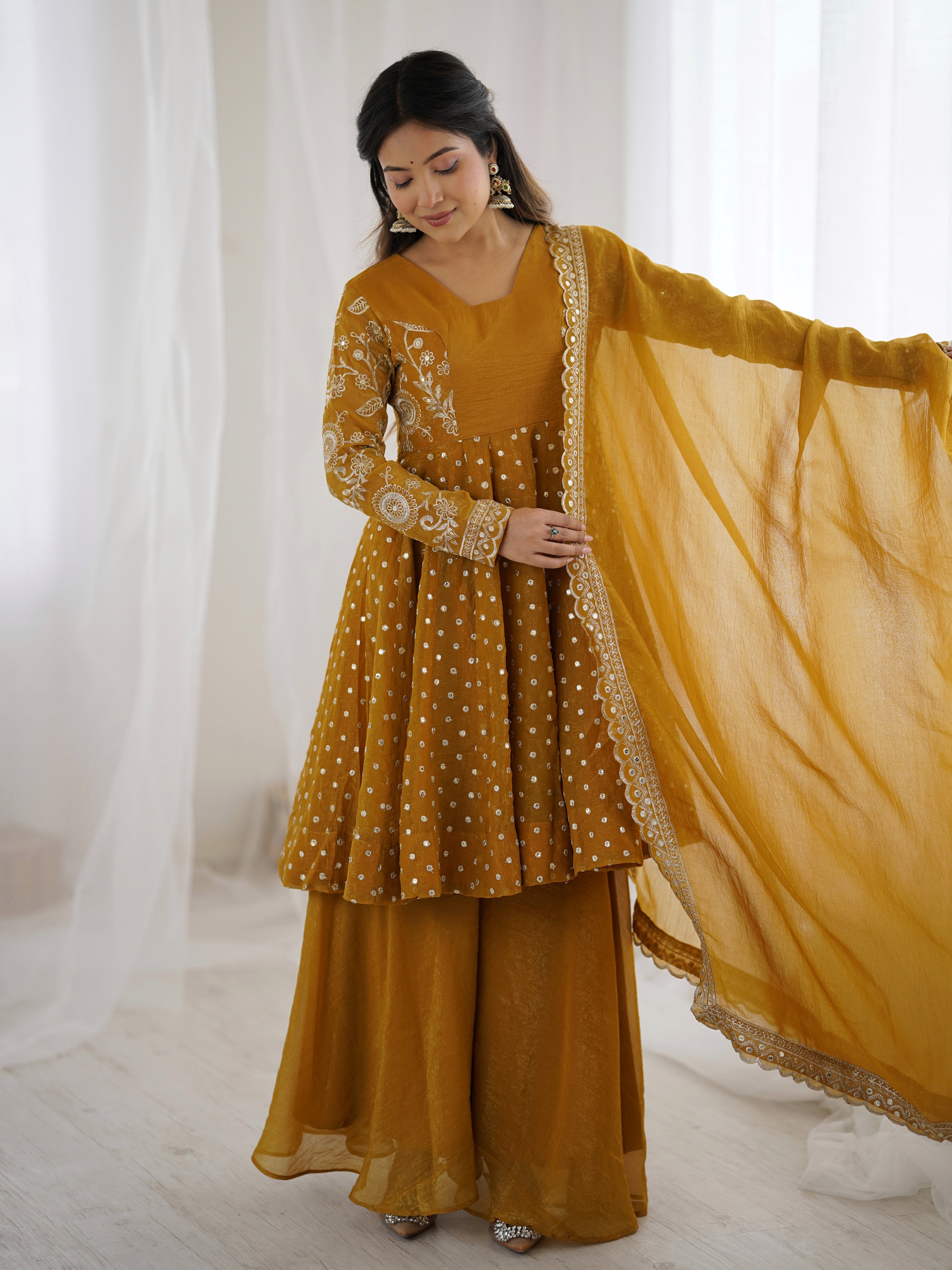 Womenline Golden Mustard Twirl Designer Sharara Suit Set with Embroidered Dupatta