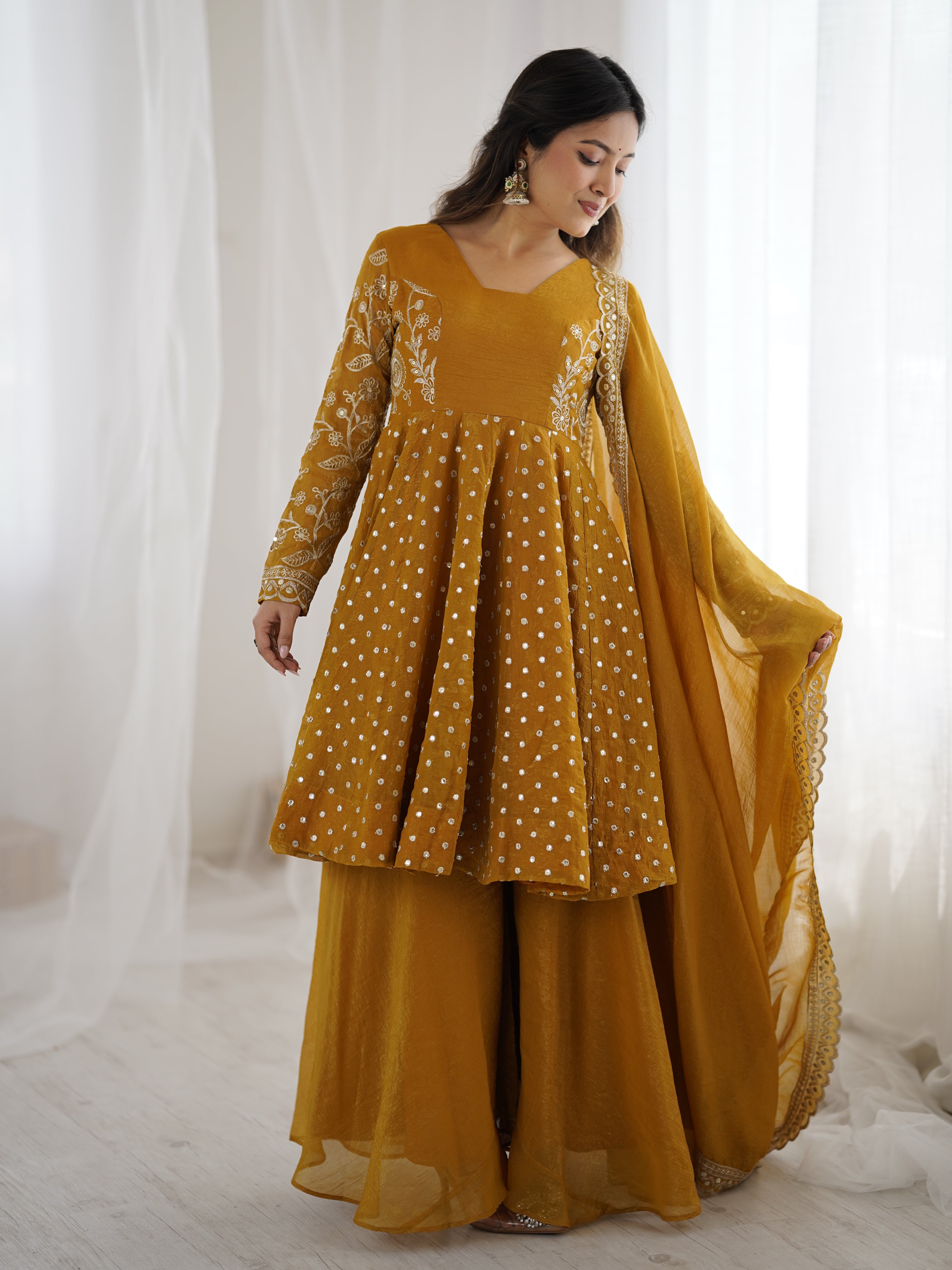 Womenline Golden Mustard Twirl Designer Sharara Suit Set with Embroidered Dupatta