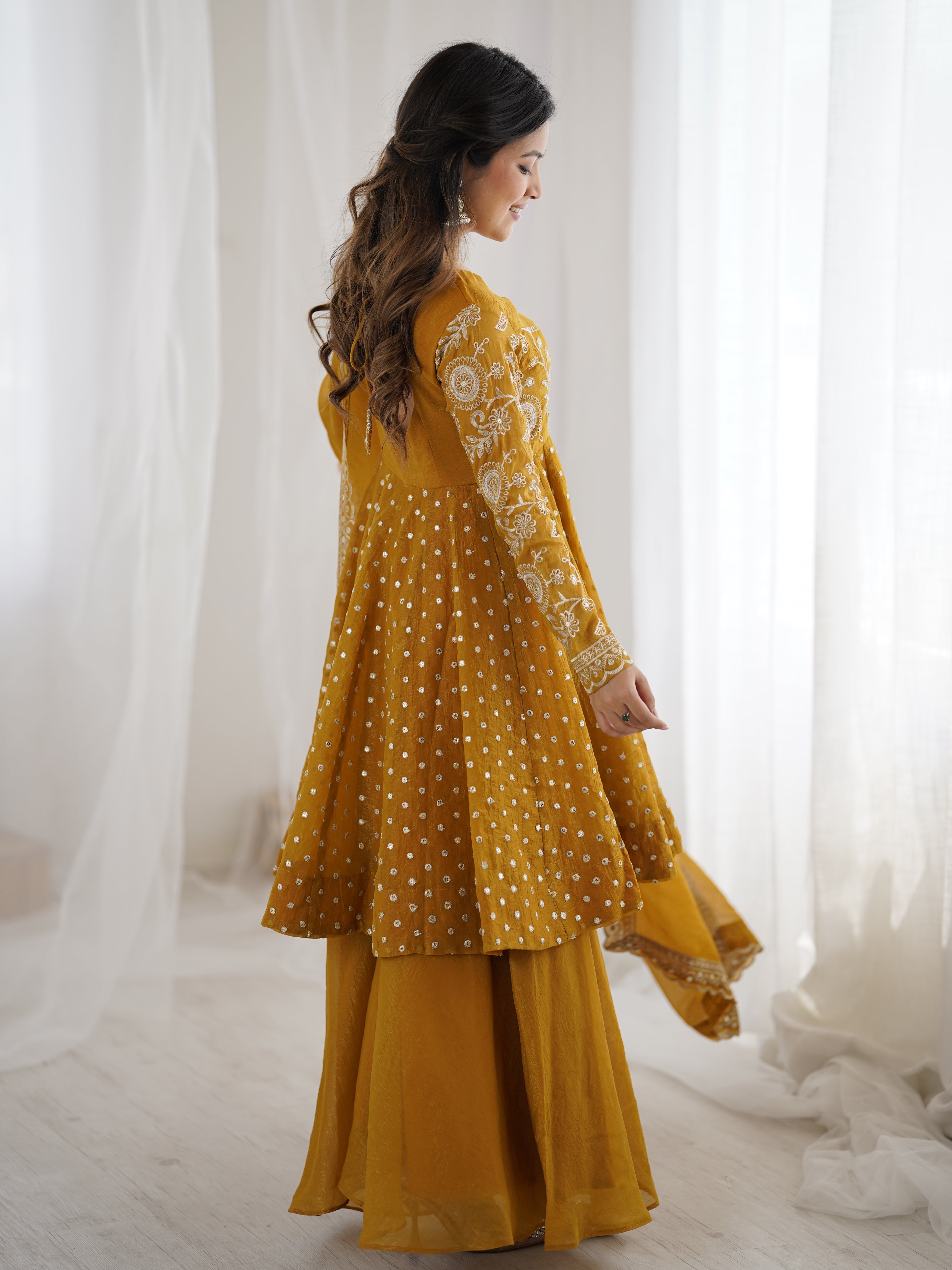 Womenline Golden Mustard Twirl Designer Sharara Suit Set with Embroidered Dupatta