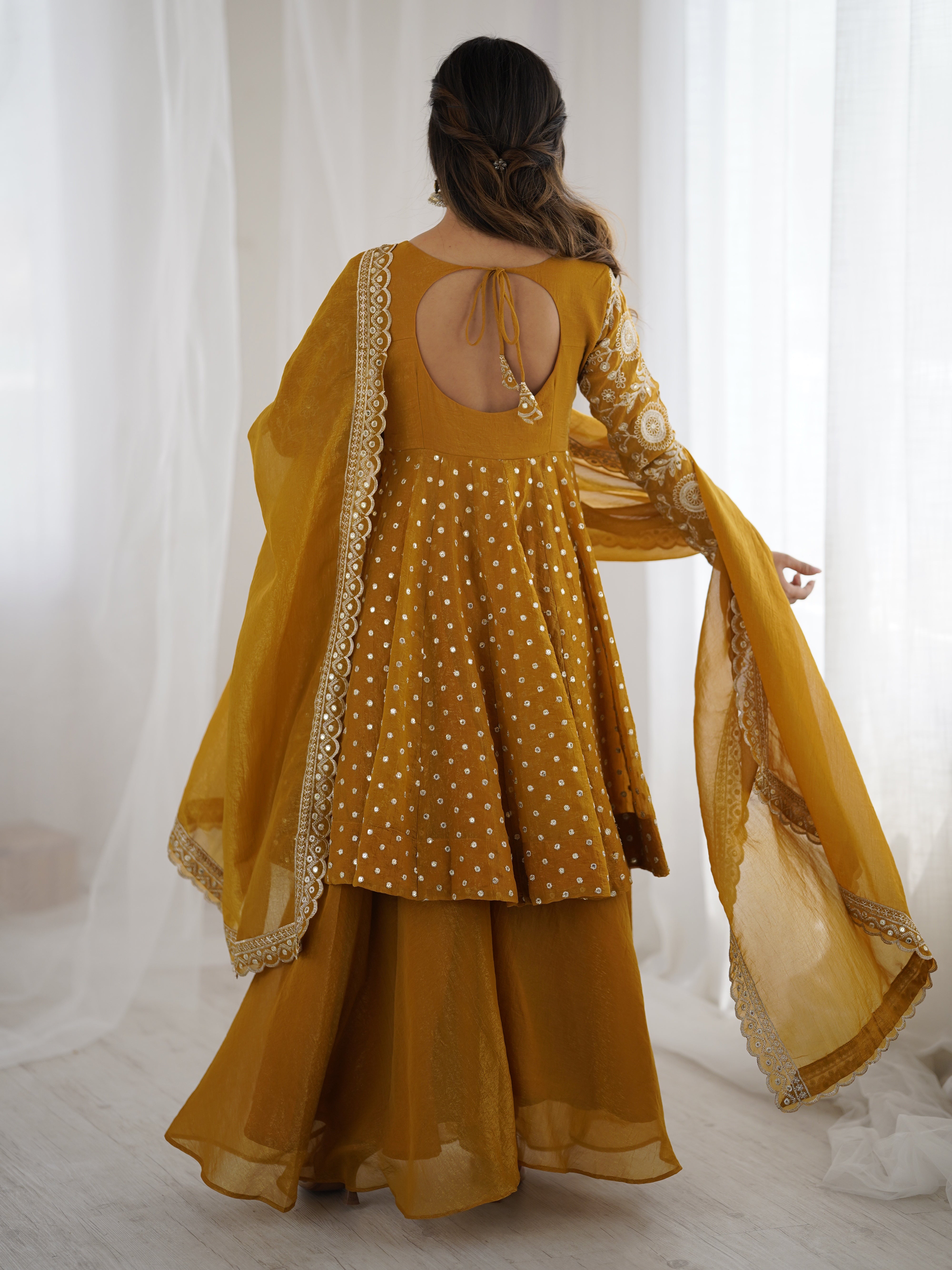 Womenline Golden Mustard Twirl Designer Sharara Suit Set with Embroidered Dupatta