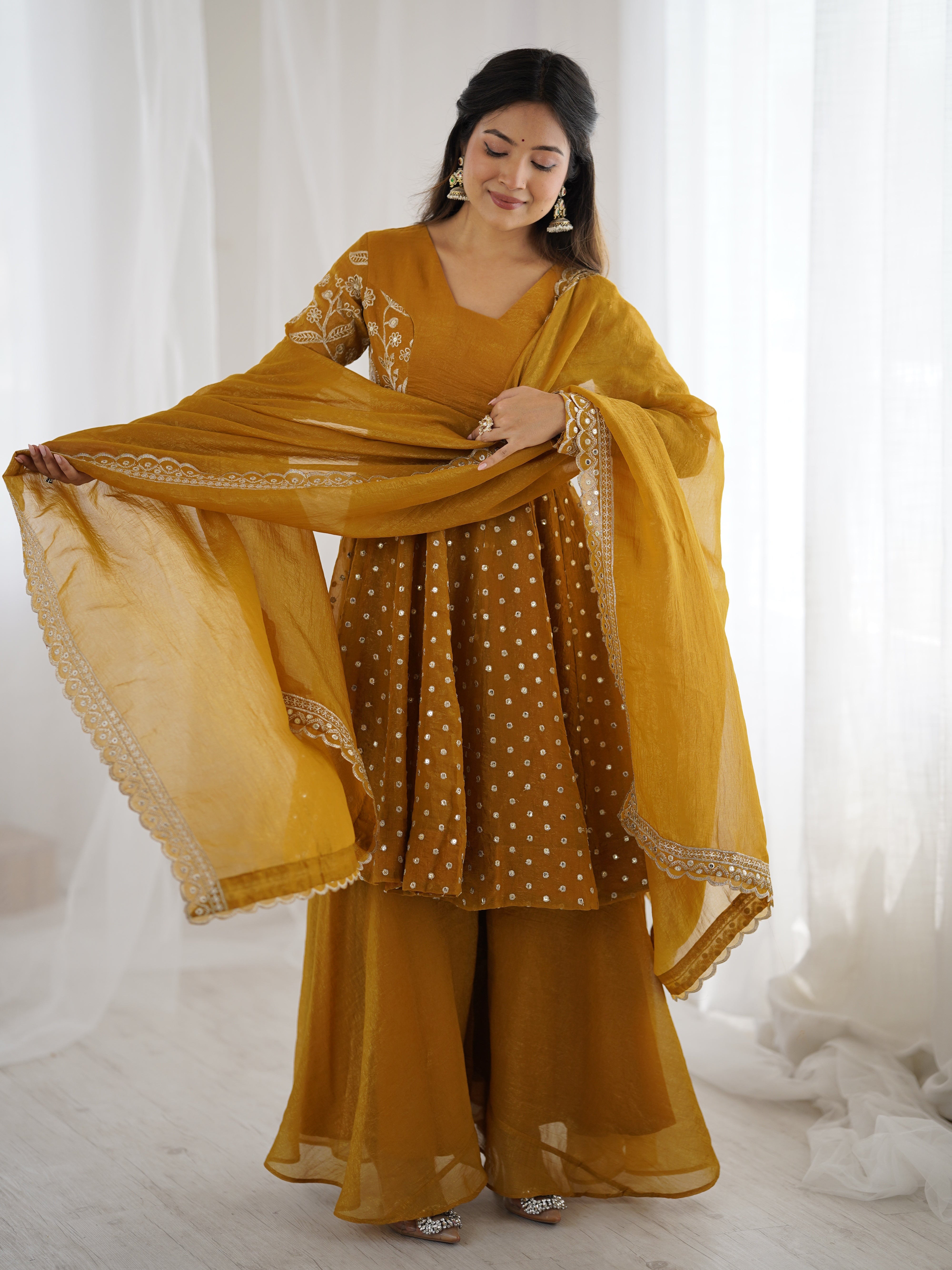 Womenline Golden Mustard Twirl Designer Sharara Suit Set with Embroidered Dupatta