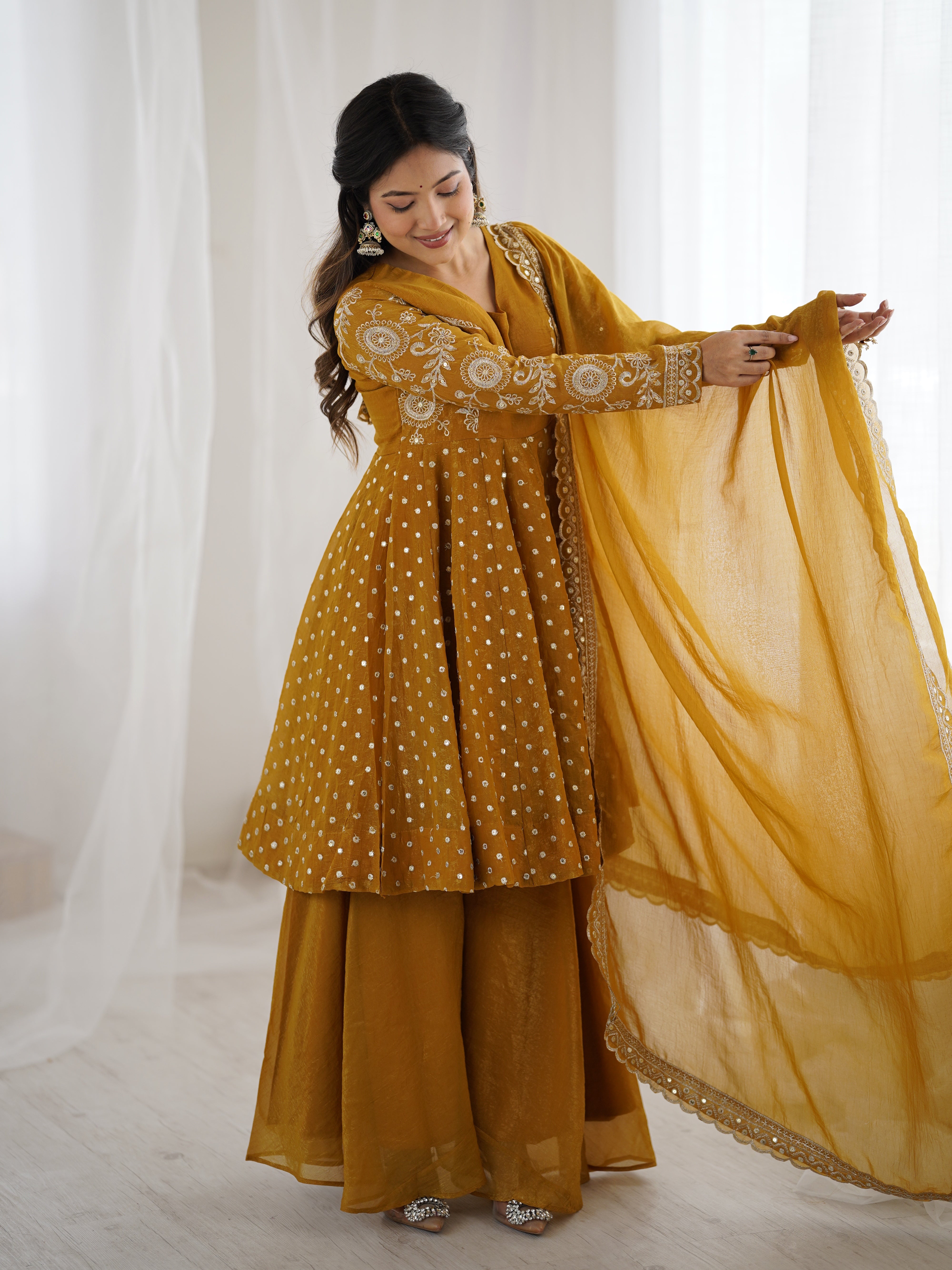 Womenline Golden Mustard Twirl Designer Sharara Suit Set with Embroidered Dupatta